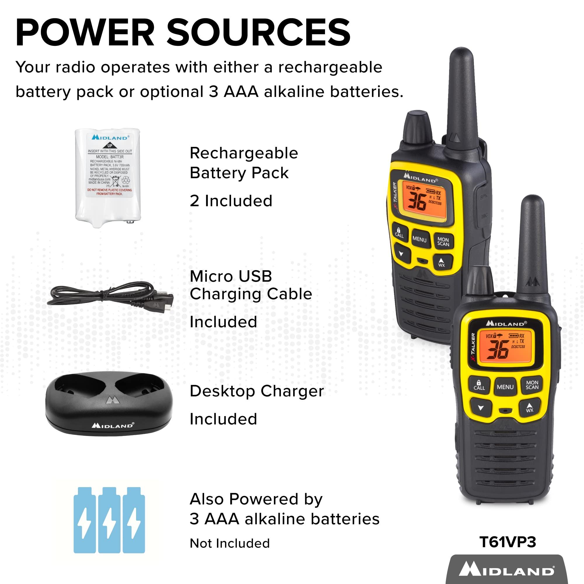 Midland Midland - T61VP3 X-TALKER - Two-Way Radio - 36 Channel FRS- Long Range Walkie Talkie, 121 Privacy Codes, & NOAA Weather Scan & Alert Black/Yellow, 2-Pack