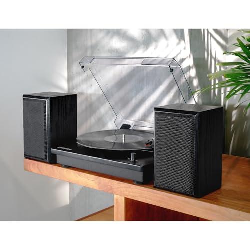 Victrola Victrola Montauk Vinyl Record Player, Black Wood Finish, 3-Speed Belt Driven Turntable with Stereo Bluetooth Speaker Pair, RCA Output and 3.5mm Headphone Jack, Removable Dust Cover