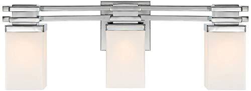Possini Euro Design Possini Euro Design Bennett Modern Wall Light Chrome Silver Hardwired 22" Wide 3-Light Fixture Mounted Etched White Opal Glass Rectangular Shade Bathroom Vanity Mirror House Home Hallway Room Decor