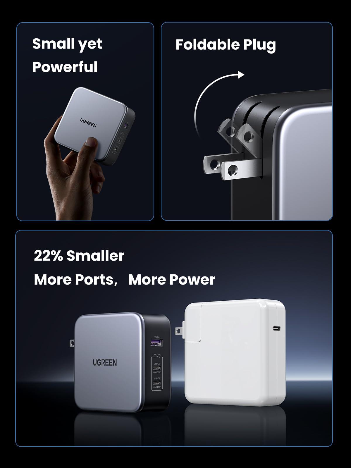 UGREEN UGREEN 140W USB C Charger, Mac Book Pro Charger Nexode PD3.1 PPS 3-Port Foldable GaN Fast Laptop Wall Charger Power Adapter for MacBook Pro 16\'\', iPhone 16/15, Chromebook (with 240W Cable)