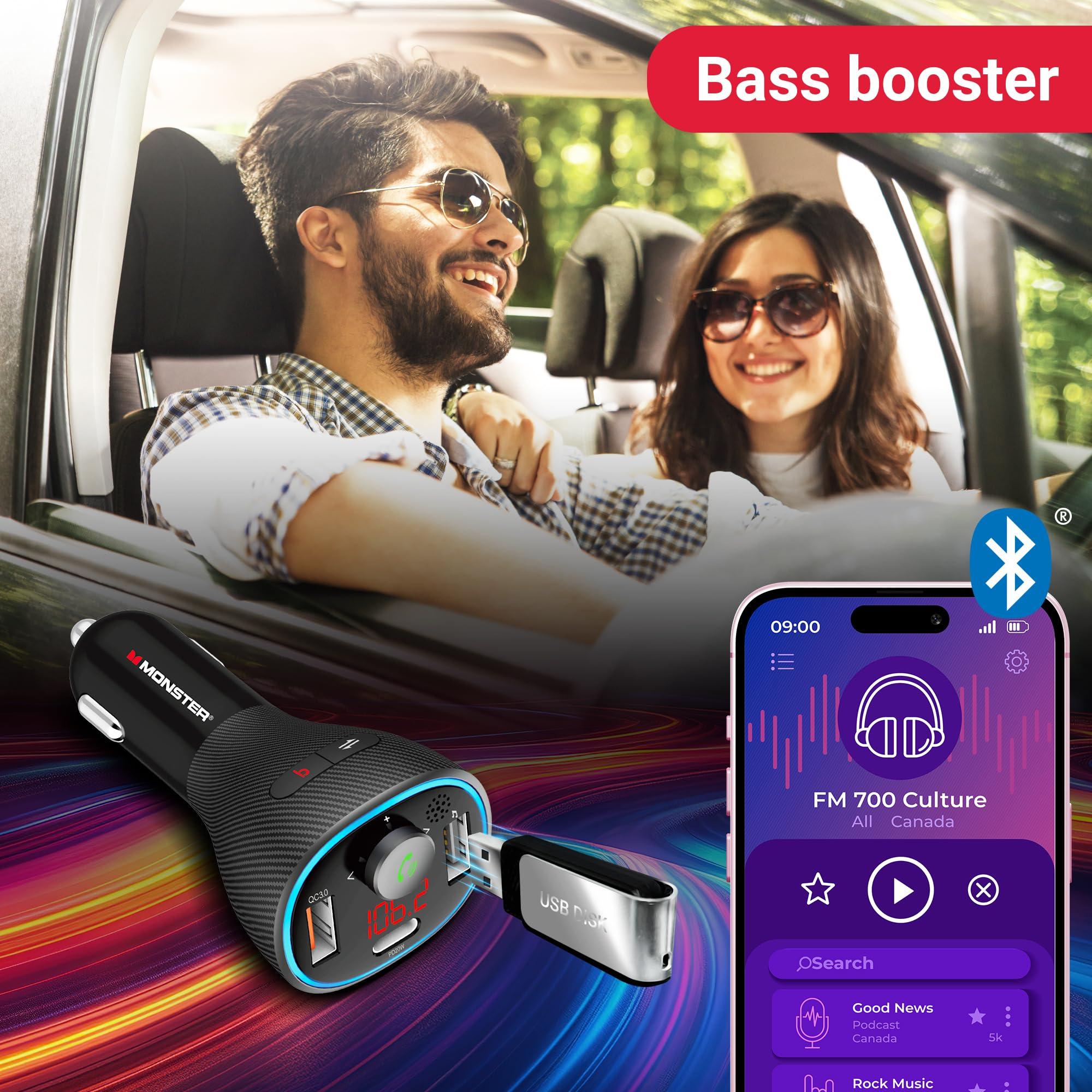 XTREME DIGITAL LIFESTYLE ACCESSORIES Monster Bluetooth FM Transmitter for Car Cigarette Lighter with 20W QC3.0 USB A & USB C PD Charger, Bass Boost Button, Flash Drive Port, Google Voice & Siri Compatible, Hands-Free Calls, Microphone