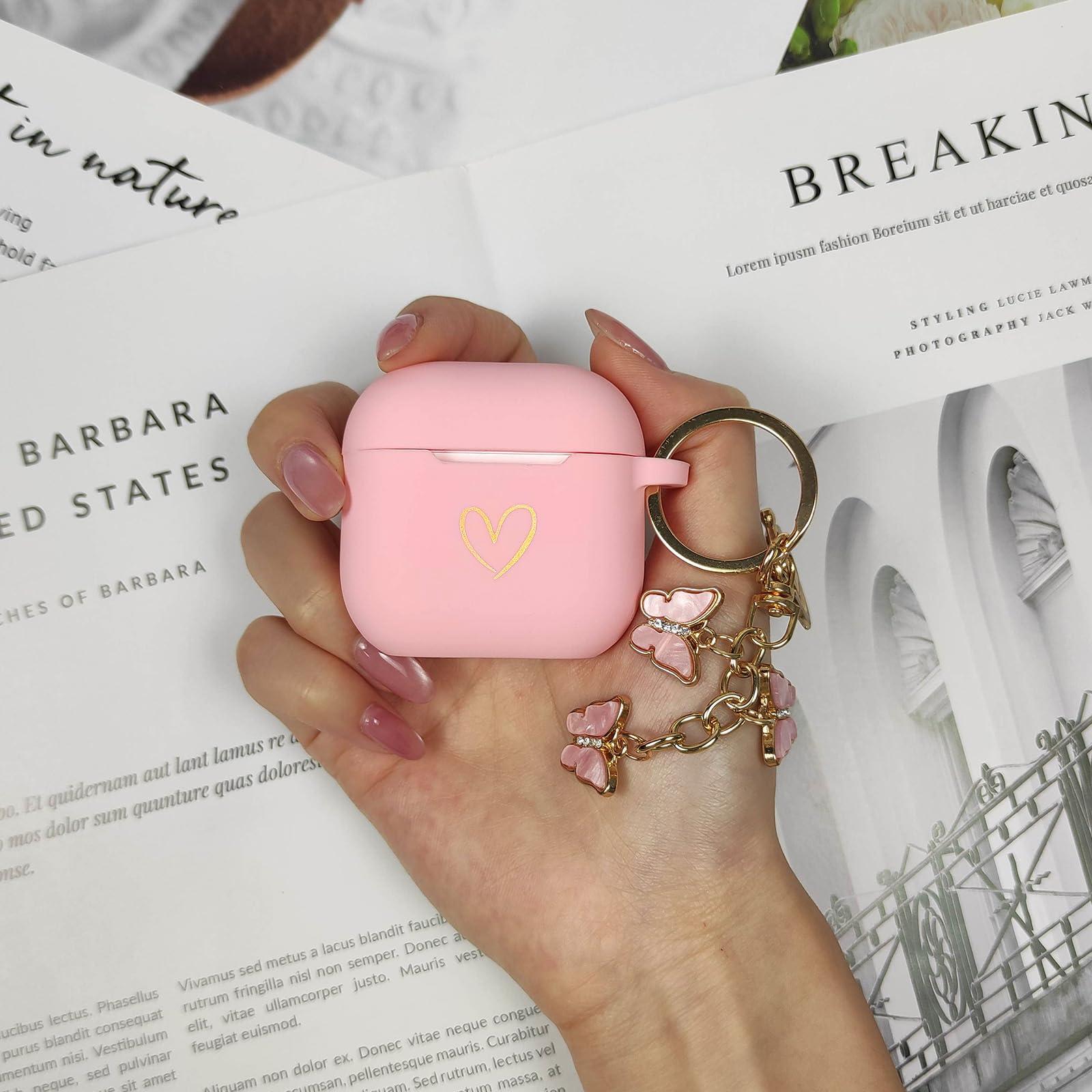 AIIEKZ AIIEKZ Compatible AirPods 4 Case Cover, Soft Silicone Case with Gold Heart Pattern for AirPods 4th Gen, Cute Butterfly Keychain for Girls Women (Pink)