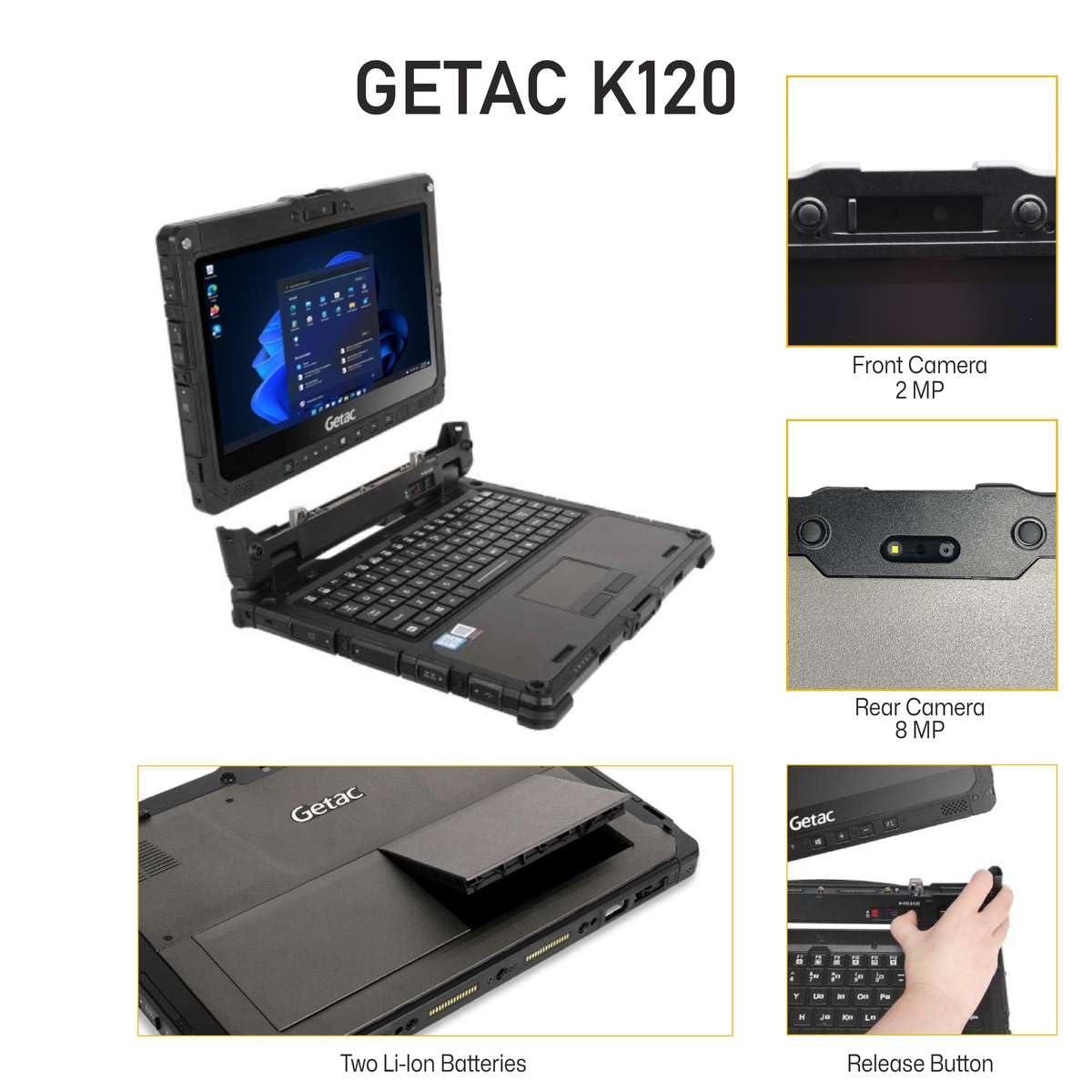 Getac Getac K120, 12.5"" FHD Touchscreen, Rugged, 2-in-1, Intel Core i5-8250U, 4G LTE, 16GB, 512GB SSD, Keyboard, Windows 11 Pro (Renewed), Black