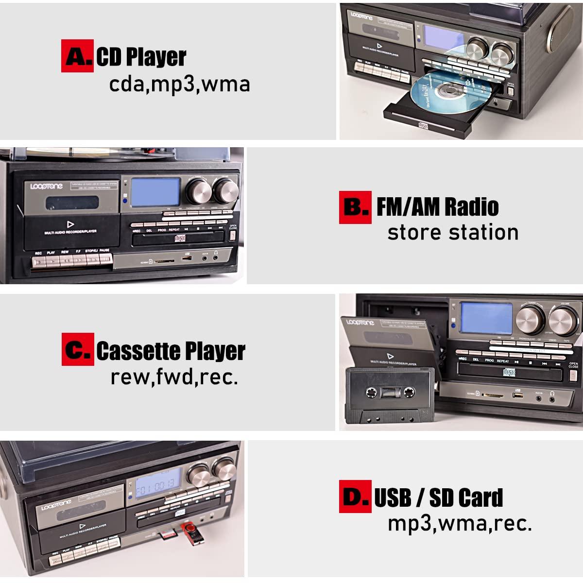 LOOPTONE LoopTone Vinyl Record Player 9 in 1 3 Speed Bluetooth Vintage Turntable CD Cassette Player AM/FM Radio USB Recorder Aux-in RCA Line-Out (Black Edition)