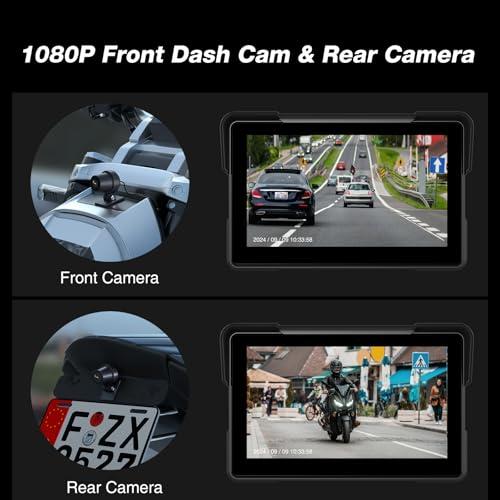 GTRUI 7 Inch Portable CarPlay for Motorcycle, Waterproof Touchscreen Wireless Car Play Android Auto Screen GPS Navigation for Motorbike, Siri Voice Control Dual Bluetooth TF-64G (M570 w/Cameras)