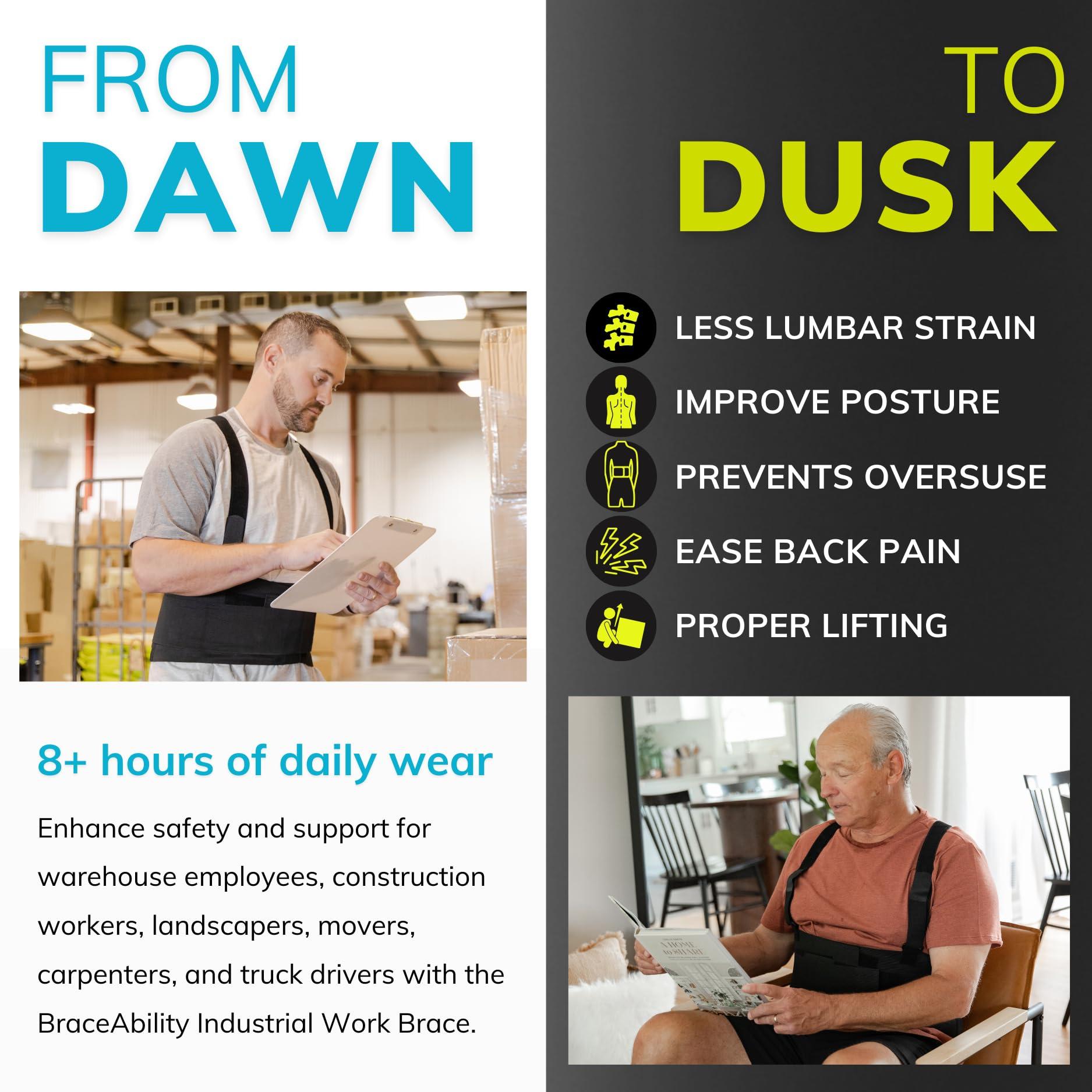 BraceAbility BraceAbility Work Back Brace - Removable Suspender Shoulder Straps for Heavy Lifting Safety - Industrial Lower Back Pain Protection Belt for Men and Women in Construction, Mover, Warehouse Jobs (4XL)