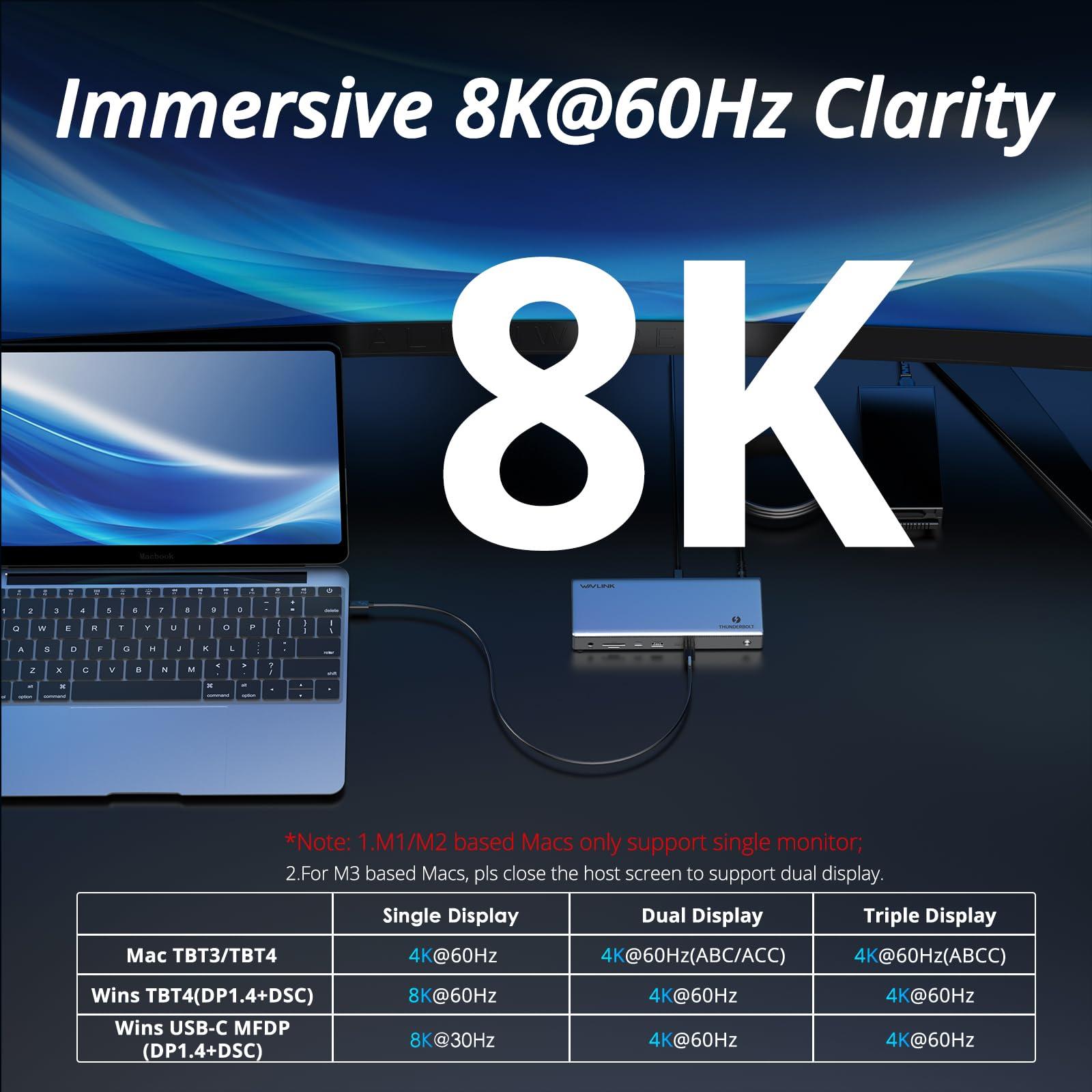 WAVLINK WAVLINK Thunderbolt 4 Hub with Dual HDMI 4K@60Hz,100W Charging, Thunderbolt Certified, 13-in-1 Thunderbolt 4 Dock Dual Monitor Single 8K Output for Windows or Mac, 4X USB, 2.5G Ethernet,SD/MicroSD