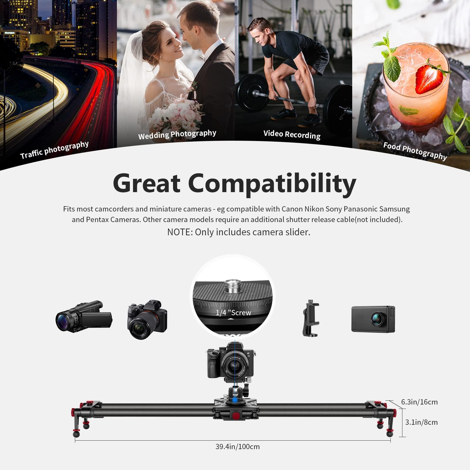 NEEWER NEEWER 39.4/100cm Motorized Camera Slider, App Wireless Control Carbon Fiber Dolly Rail Slider, Support Video Mode, Time Lapse Photography, Horizontal, Tracking and 120 Panoramic Shooting (ER1-100)