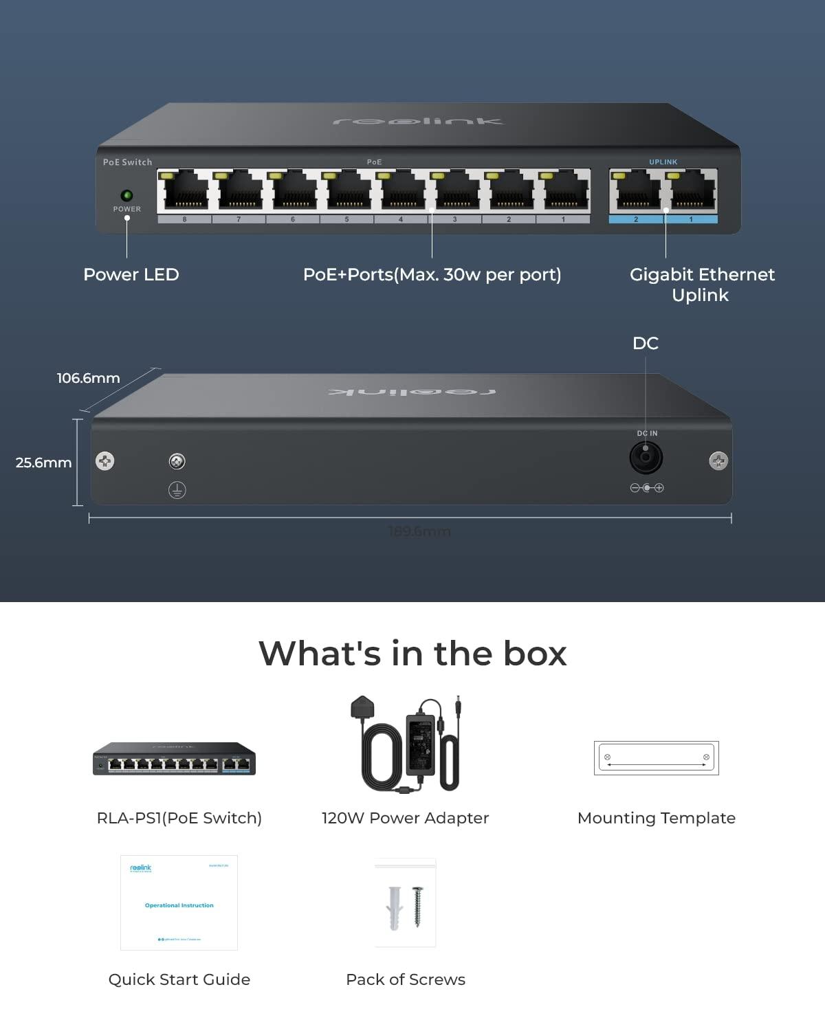 REOLINK REOLINK PoE Switch with 8 PoE and 2 Gigabit Uplink Ports, Ideal for REOLINK RLN36 NVR and Power Over Ethernet IP Cameras, IEEE802.3af/at, Metal Casing, Desktop/Wall Mount, RLA-PS1