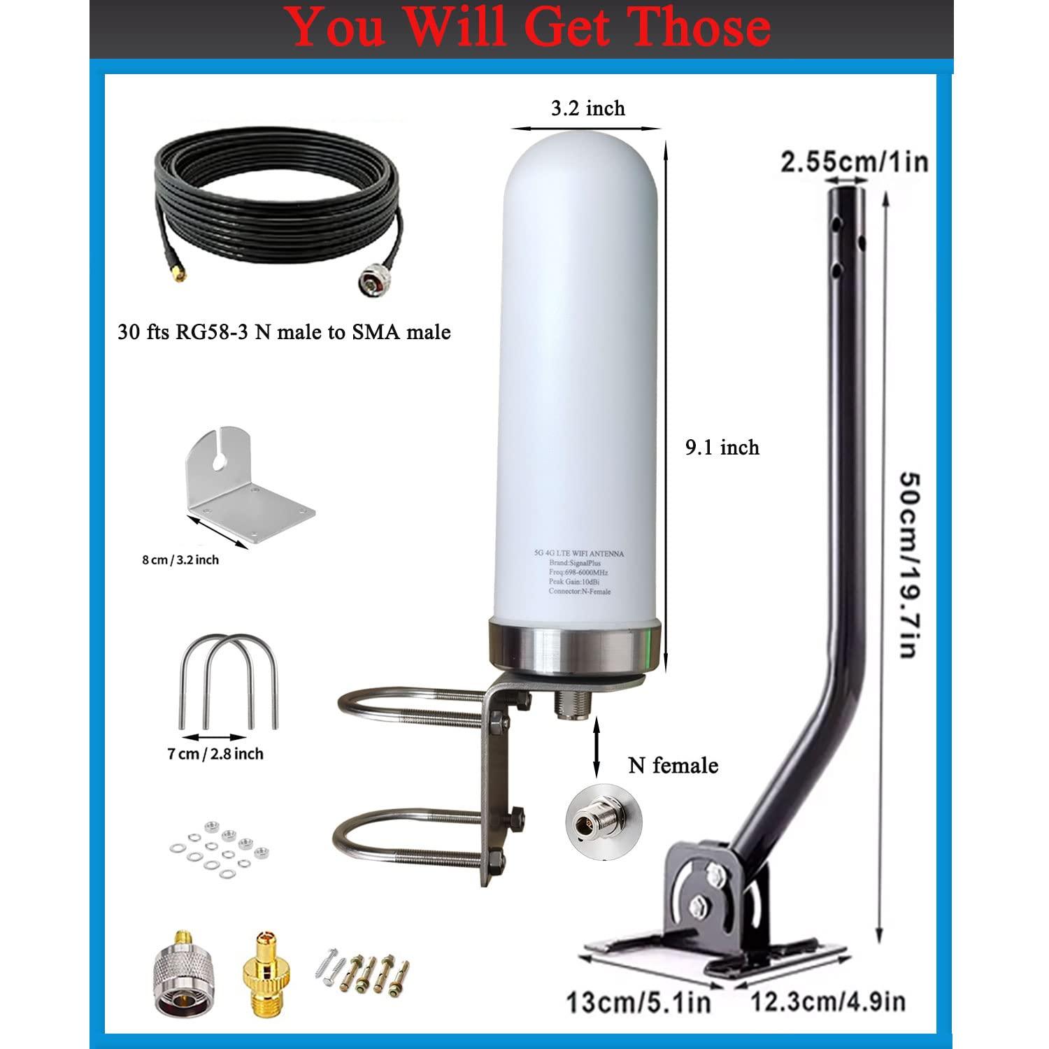 SIGNALPLUS 5G 4G LTE Antennas Outdoor Omni Directional Cellular 5G WiFi Antenna Long Range SMA N Male ts9 Antenna 4G LTE External Wide Band 698-6000MHz 10dBi with Cable Pole (Full Kit)