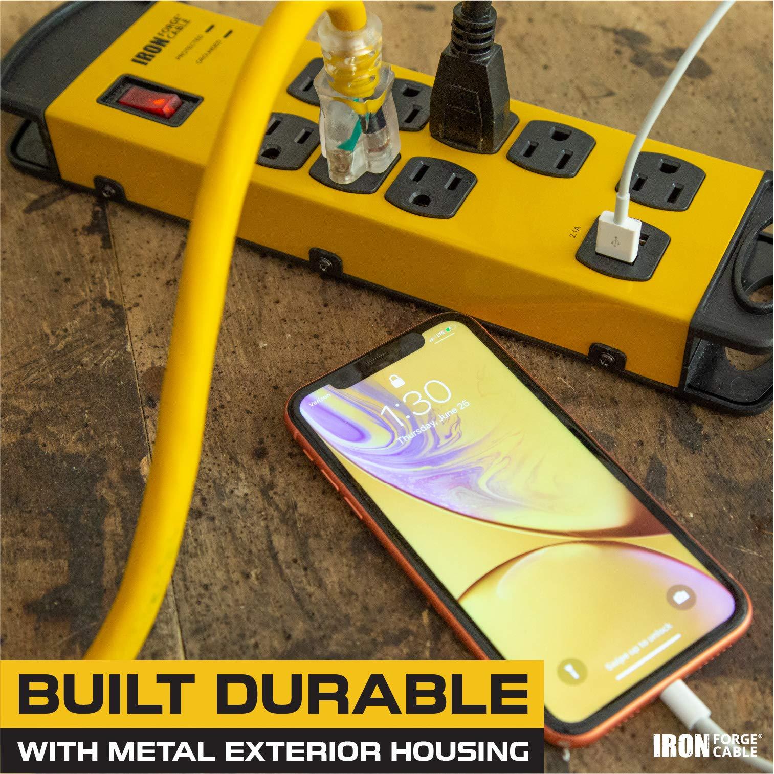 IRON FORGE CABLE Iron Forge Cable 8 Outlet Heavy Duty Surge Protector Power Strip with 2 USB Ports, 14/3 SJT 6 ft Extension Cord, 15 AMP Black & Yellow Metal Power Strips with Surge Protection Built-in Circuit Breaker