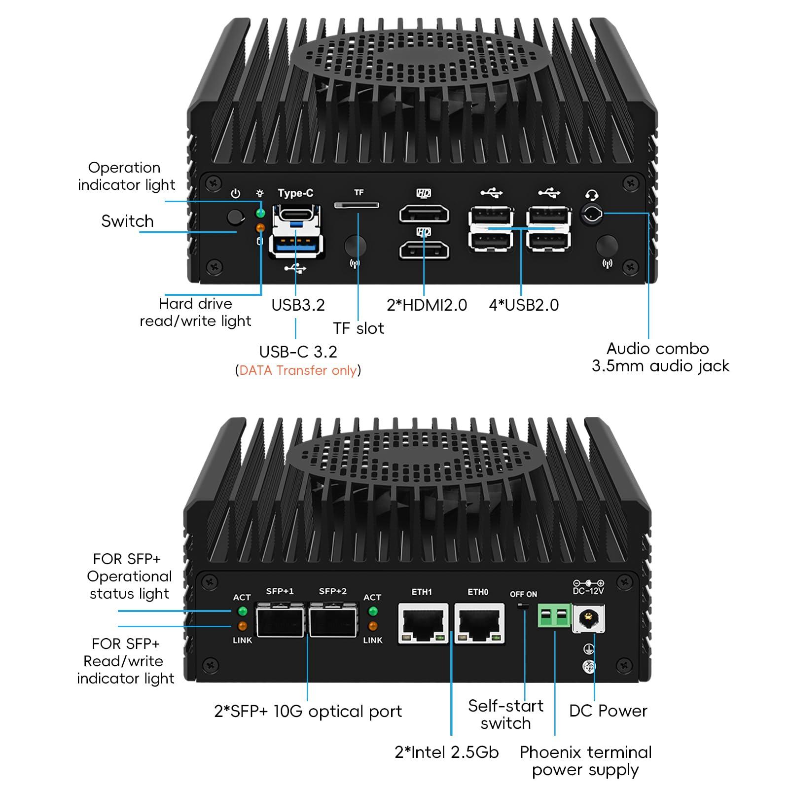 MOGINSOK MOGINSOK Fanless Mini PC 10Gbe SFP+ Windows 11 Pro, Intel N305 (8C/8T) 32G DDR5 1TB M.2 PCIE SSD, Mini Desktop Computer Firewall Appliance Support 4K Dual HDMI/USB3.2/WIFI6 for Home/Office/Business
