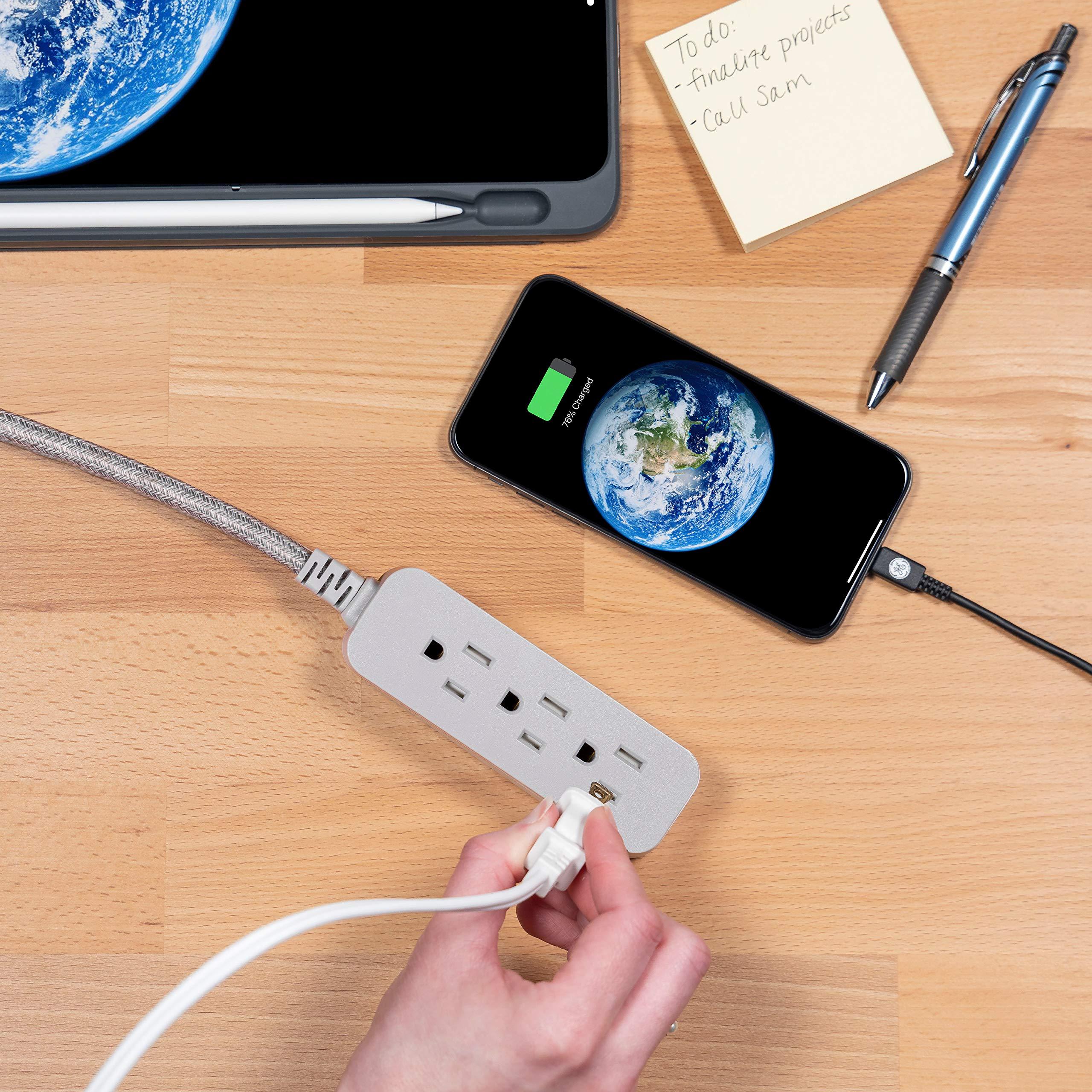 GE home electrical GE 3-Outlet Power Strip Surge Protector 15 Ft Braided Long Cord Extension Cord Surge Protector Power Strip Flat Plug Extension Cord 250 Joules UL Listed Gray 45915