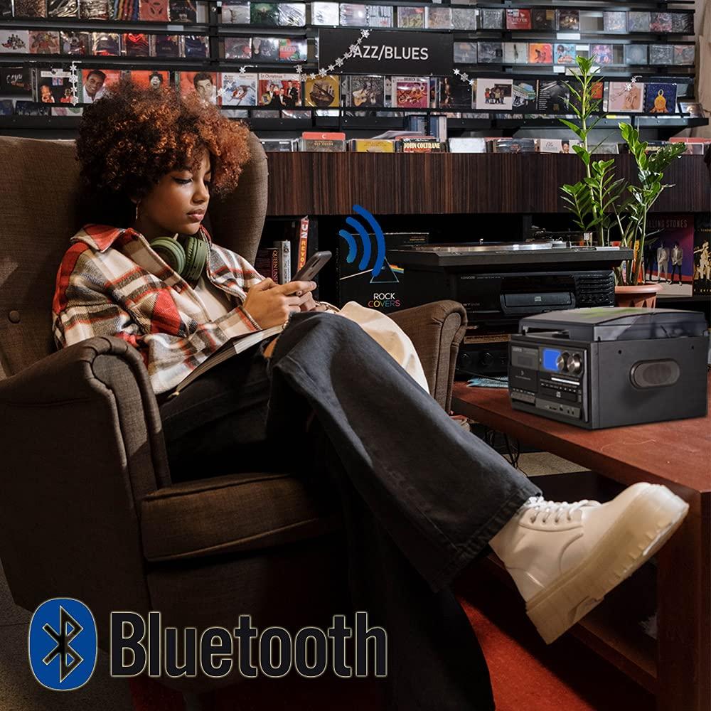 LOOPTONE LoopTone Vinyl Record Player 9 in 1 3 Speed Bluetooth Vintage Turntable CD Cassette Player AM/FM Radio USB Recorder Aux-in RCA Line-Out (Black Edition)