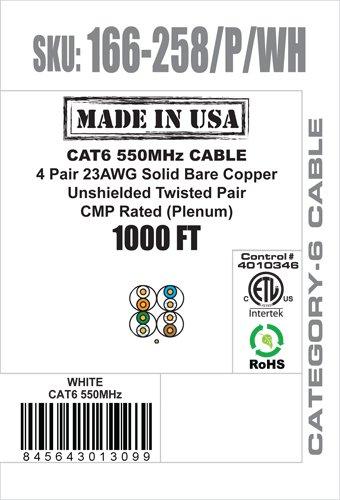 VC VERTICAL CABLE Vertical Cable CAT6, 550 MHz, UTP, 23AWG, 8C Solid Bare Copper, Plenum, 1000ft, Bulk Ethernet Cable - Made in USA, White