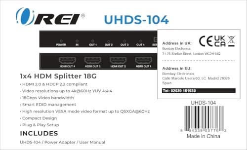 OREI Orei UltraHD 4K @ 60 Hz 1 X 4 HDMI Splitter 1 in 4 Out 4 Port 4: 8-Bit - HDMI 2.0, HDCP 2.0, 18 Gbps, EDID, Duplicate / Mirror 4K Screens - UHDS-104
