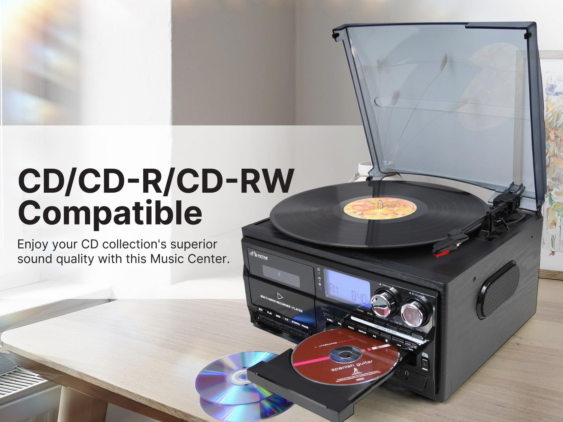 VICTOR Victor VWRP-4200 Cosmopolitan 8-in-1 Turntable Music Center with 3-Speed Record Player, CD/MP3/Cassette Player, AM/FM Radio, Dual Bluetooth in & Out, USB Playback & Recording