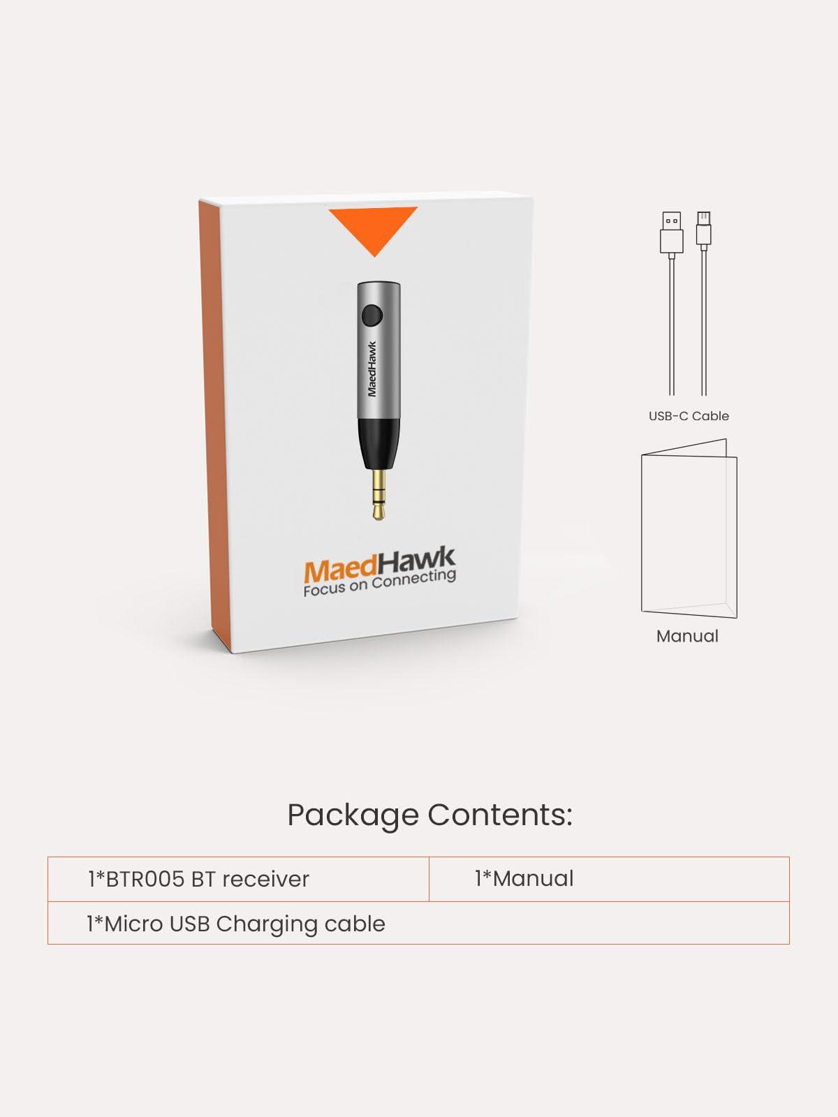 MaedHawk Bluetooth 5.0 Receiver, MaedHawk Bluetooth Aux Adapter Portable Wireless Audio Car Kit with 3.5mm Jack for Home Music Streaming Stereo Headphones Speakers