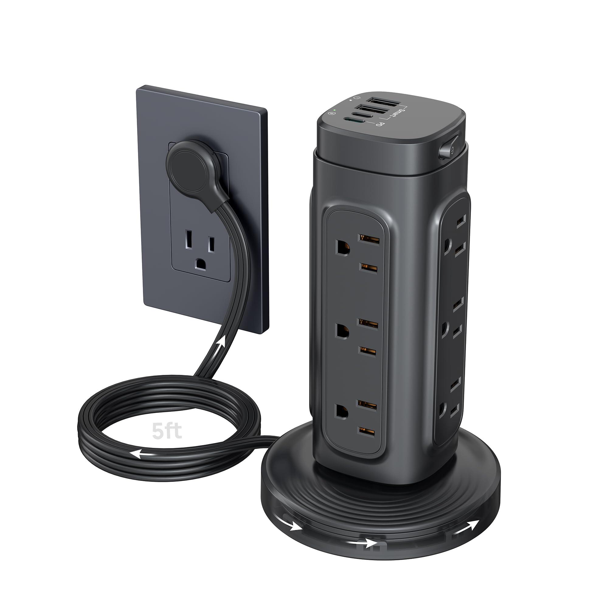 TROND TROND Retractable Power Strip Tower - Flat Plug Surge Protector Power Strip with USB C PD 20W, 5ft Extension Cord with Multiple Outlets, 1700 Joules, Office Desk Supplies, Dorm Room Essentials, Black