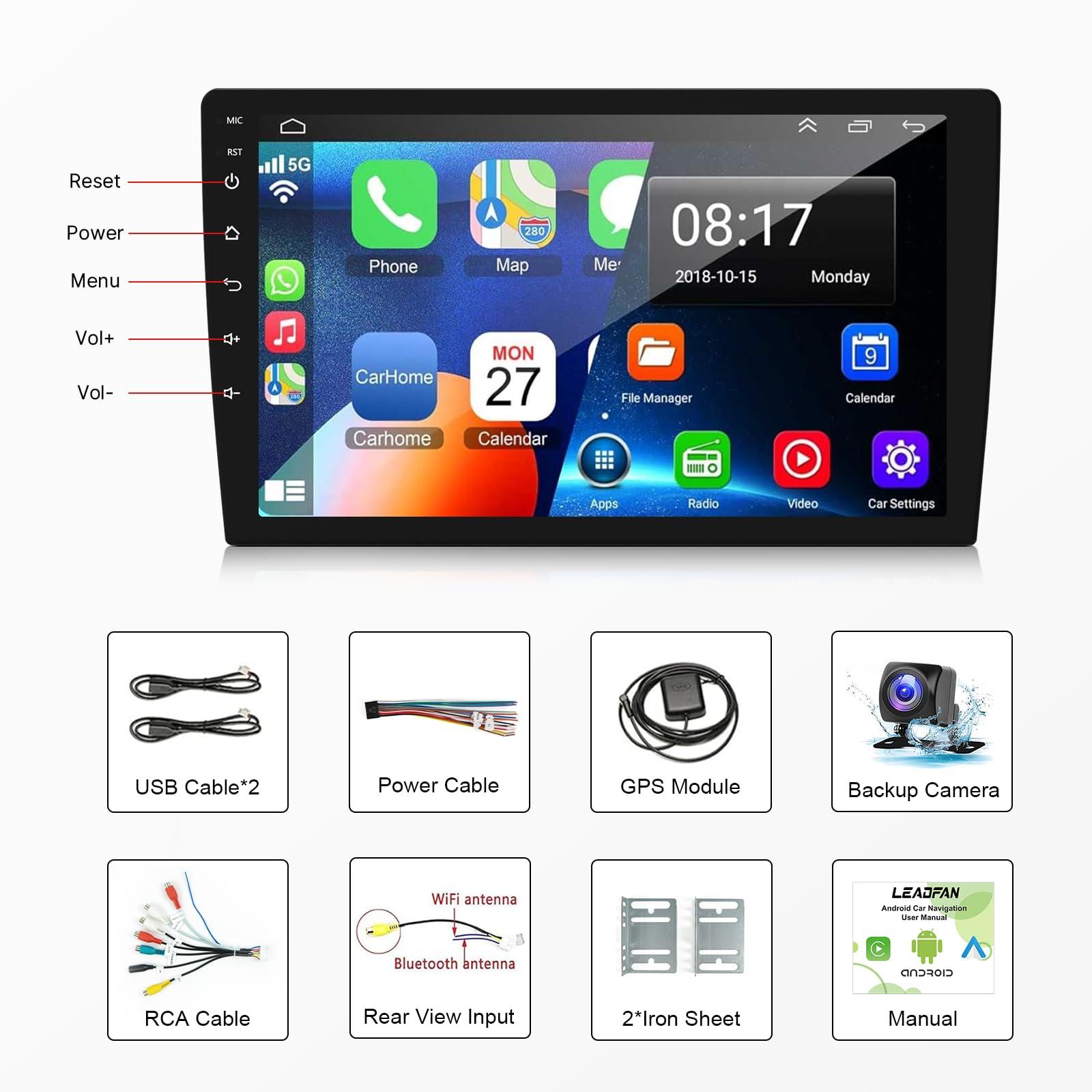 Leadfan 9 Inch Android Car Radio 2+32GB Double Din Stereo with Wireless CarPlay & Android Auto | GPS Navigation FM WiFi BT Dual USB AHD Camera,Universal Touch Screen for Car Upgraded