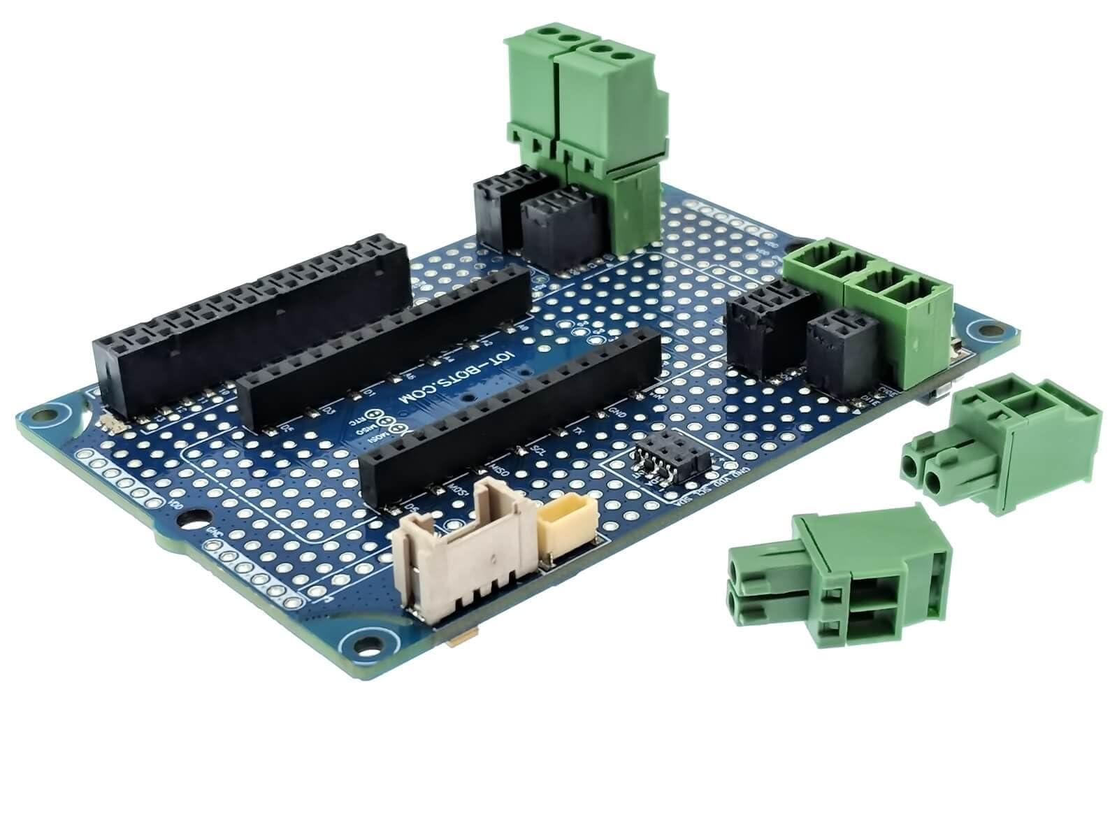IOT-BOTS.COM qBody Arduino MKR Compatible Interface Board with installed Arduino MKR Compatible connectors, DC/DC, Temperature and Motion sensors, RTC, Serial Flash, INs / OUTs, RS485, 1-Wire,GROVE and JST I2C.
