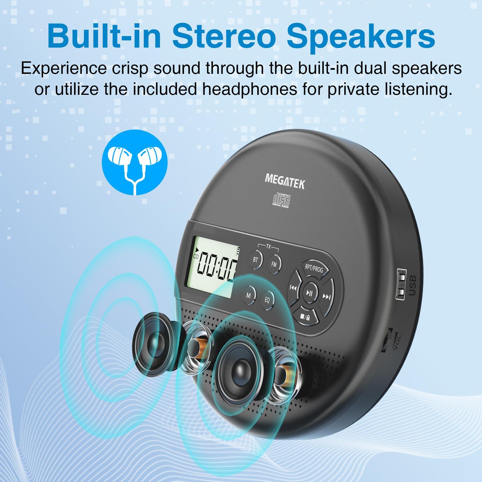 MEGATEK MEGATEK Portable CD Player with Dual Stereo Speakers and 60 Seconds Anti Skip, Personal Walkman CD Player for Car with Headphones, USB Port, Bluetooth and FM Transmitter, 2000mAh Rechargeable Battery