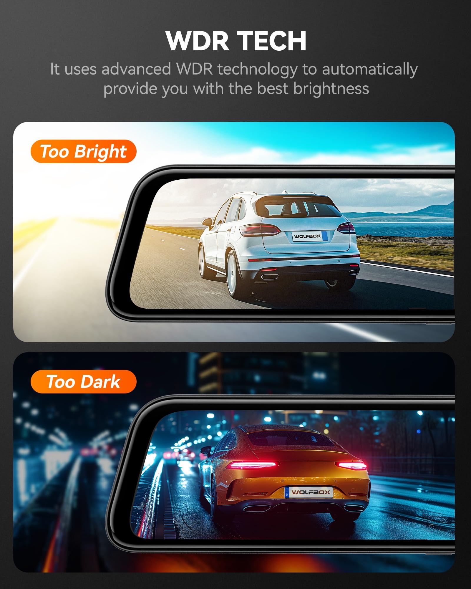 WOLFBOX WOLFBOX G840S 12\" 4K Mirror Dash Cam Backup Camera, 2160P Full HD Smart Rearview Mirror for Cars & Trucks, Front and Rear View Dual Cameras, Night Vision, Parking Assistance, Free 32GB Card & GPS