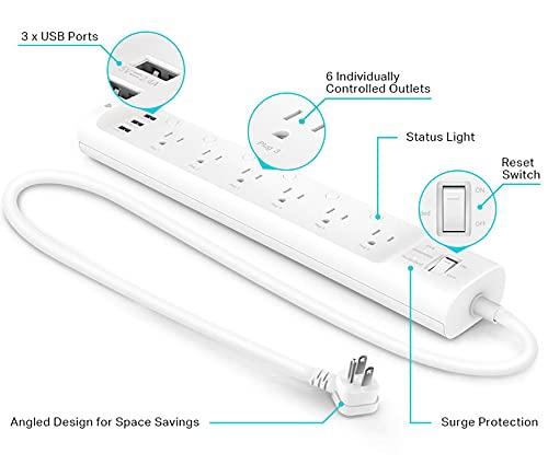 Kasa Smart Kasa Smart Plug Power Strip HS300, Surge Protector with 6 Individually Controlled Smart Outlets and 3 USB Ports, Works with Alexa & Google Home, No Hub Required , White