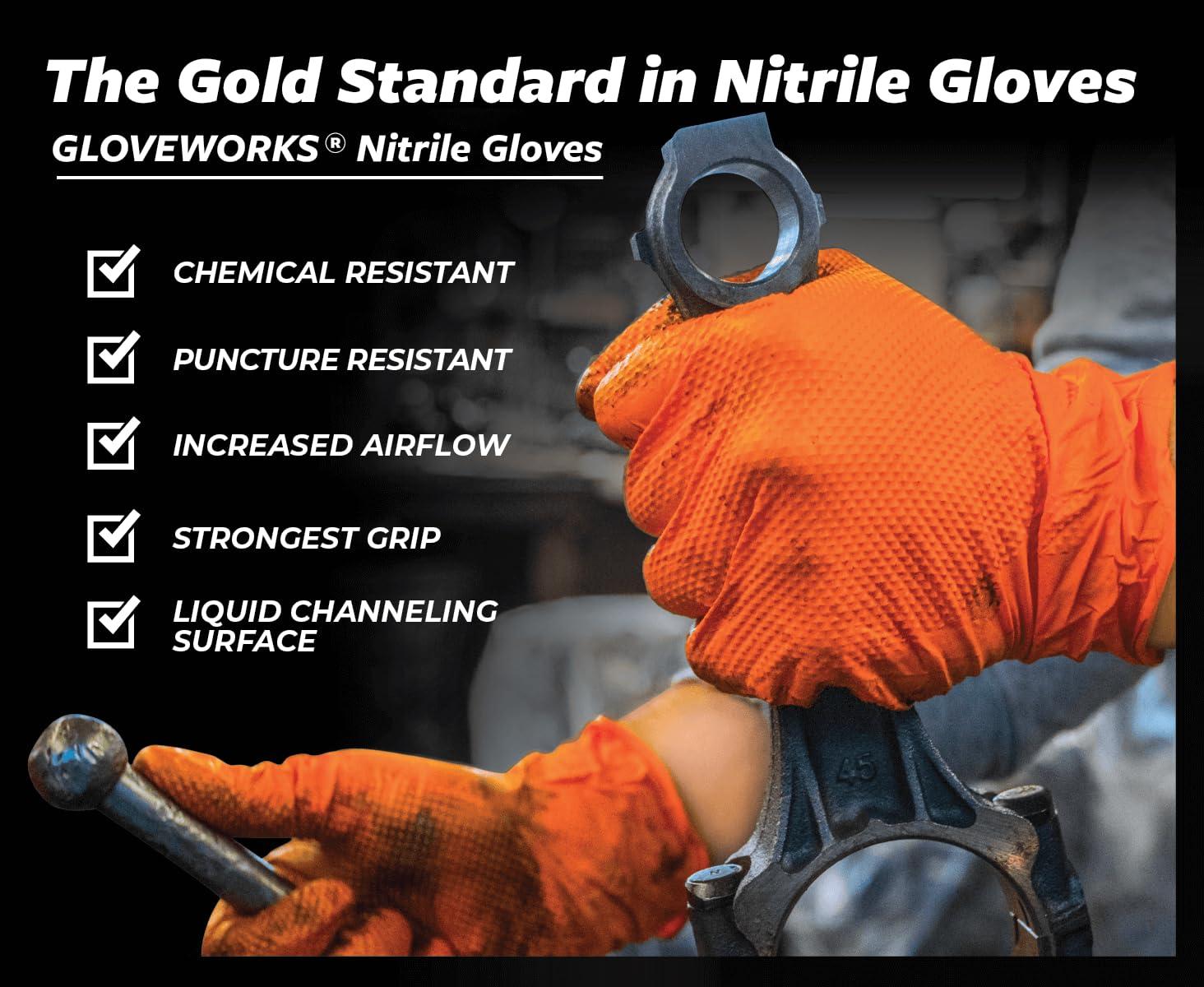 GLOVEWORKS GLOVEWORKS HD Orange Nitrile Industrial Disposable Gloves, 8 Mil, Latex-Free, Raised Diamond Texture, X-Large, 2 Boxes of 100