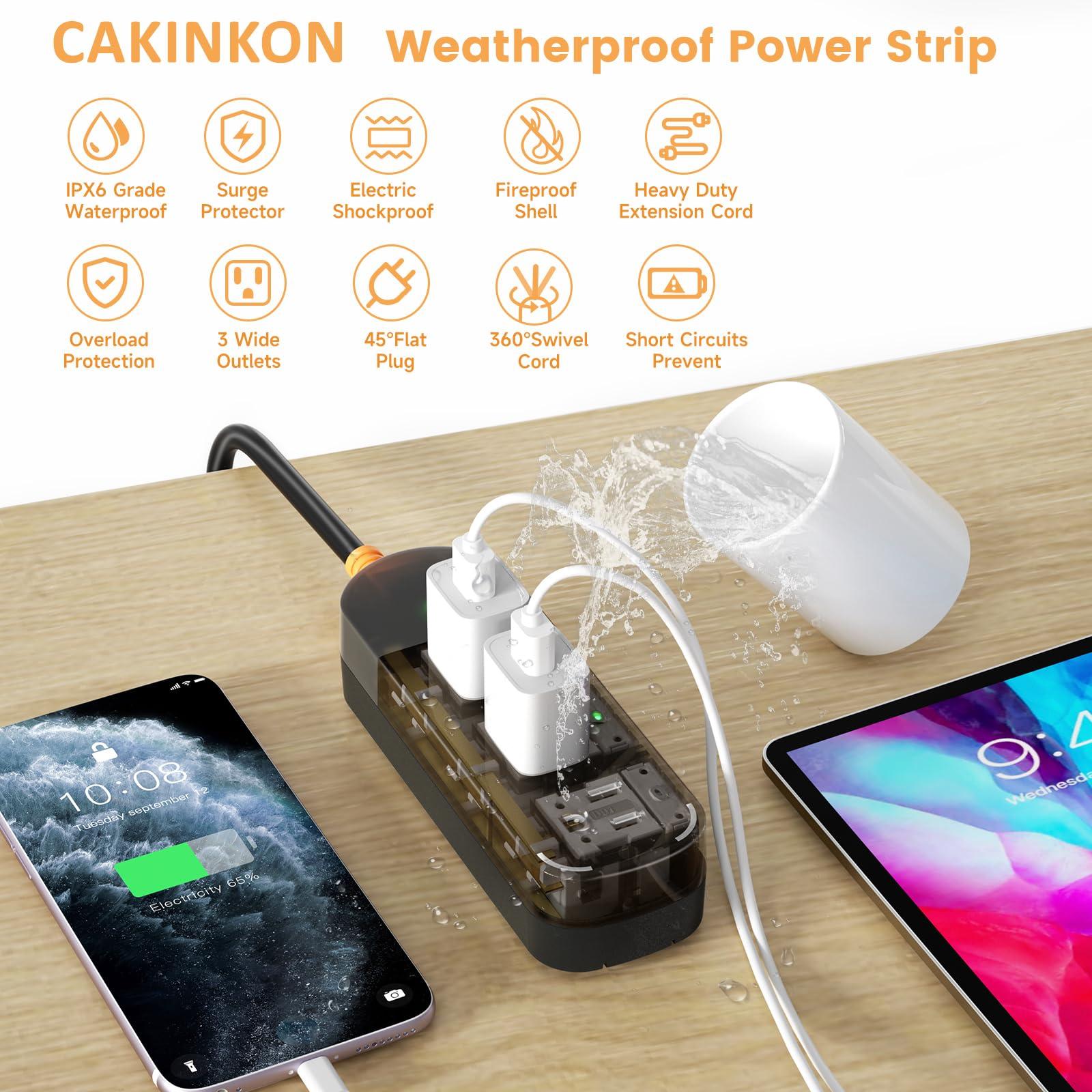 CAKINKON Outdoor Power Strip Weatherproof 6 FT Outdoor Extension Cord Waterproof Surge Protector Power Strip, Shockproof, 3 AC Outlets, 1625W - for Camping, Home, Office, Garden, Dorm, FCC UL Listed