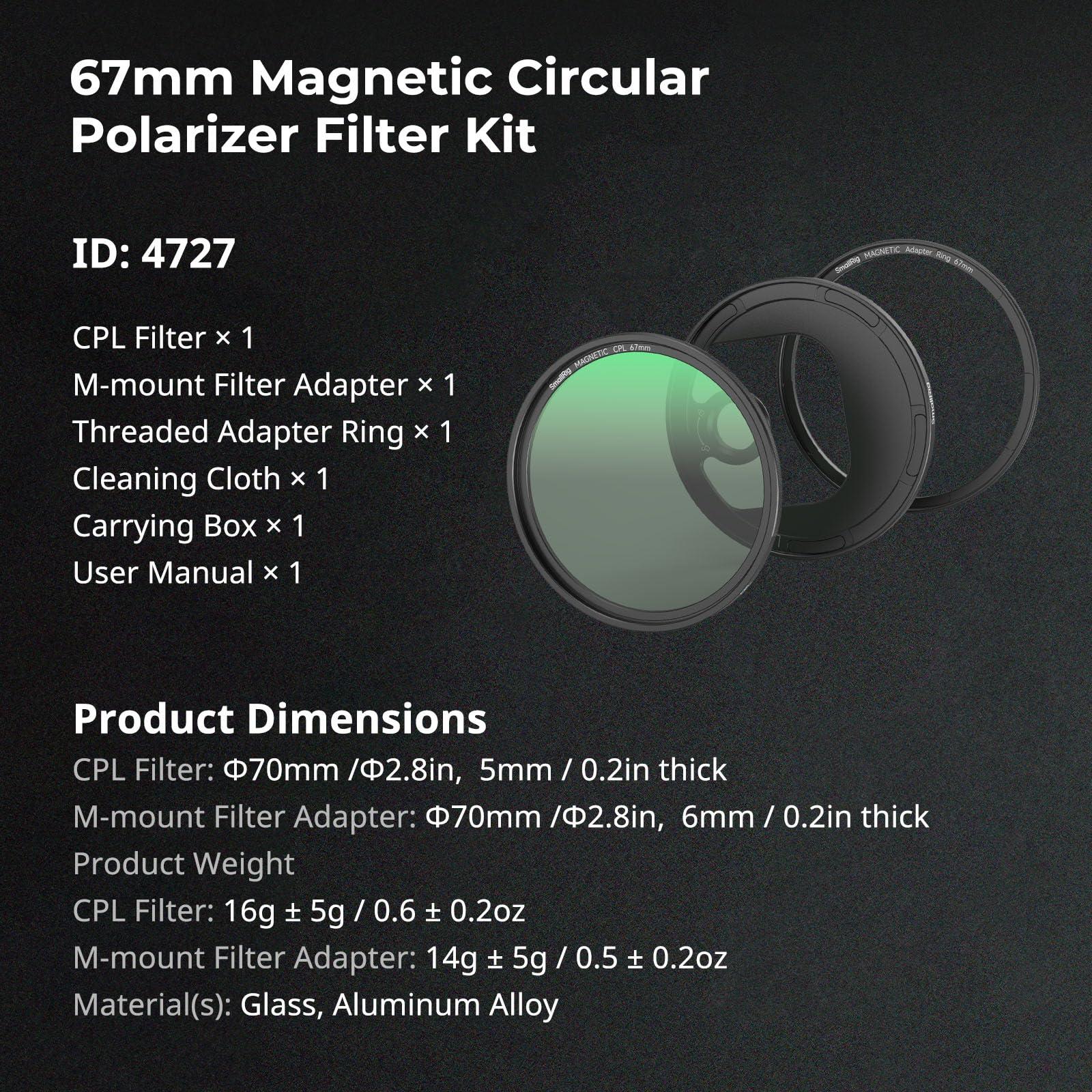 SMALLRIG SMALLRIG 67mm Magnetic Circular Polarizer Filter Including 67mm Threaded Filter Ring and M-Mount Filter Adapter, Magnetic CPL Filter Kit with Waterproof Scratch Resistant - 4727