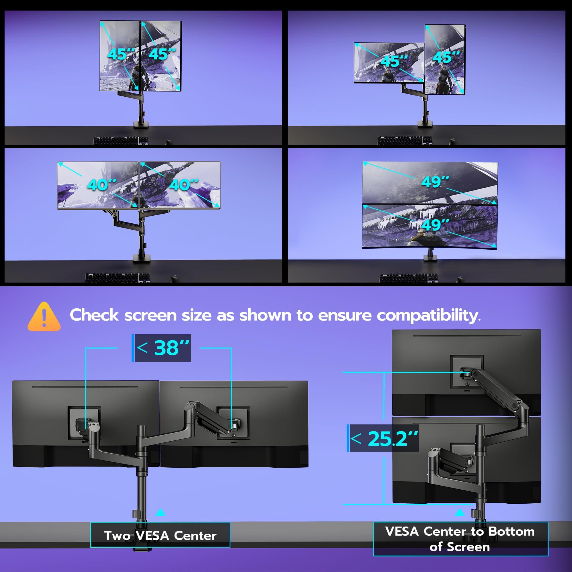 ARES WING ARES WING Dual Monitor Arm Desk Mount for 17-49 Inch Ultrawide Monitors, Heavy Duty Dual Monitor Mount Holds 44 lbs, Full Motion Gas Spring Vertical Stacked Monitor Mount, 75/100 VESA Mount, Black