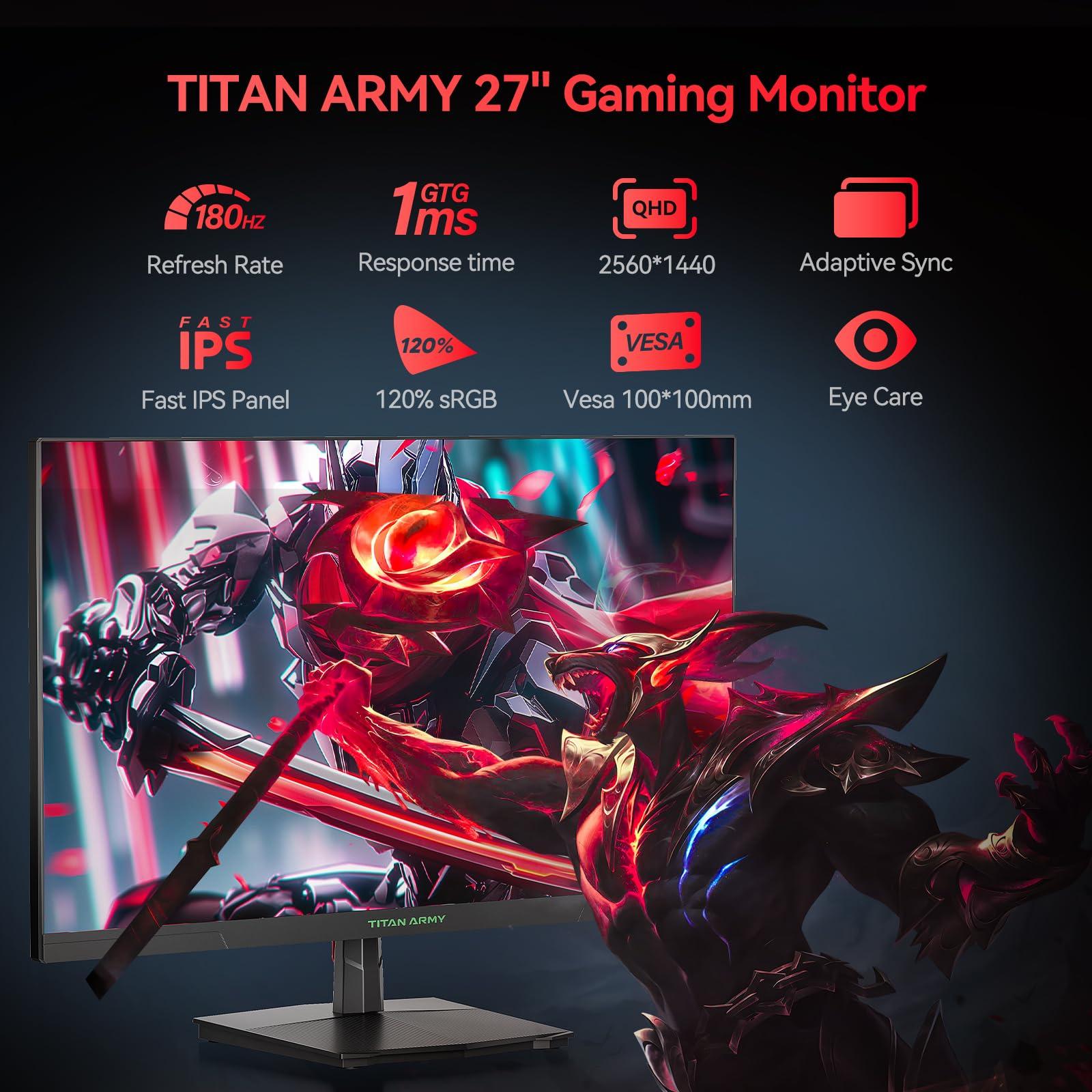 TITAN ARMY TITAN ARMY 27 Inch 180Hz 1440p Gaming Monitor, Fast IPS Panel, QHD 2K 2560 x 1440p, HDR 1ms GTG, Adaptive Sync Vertical Monitor, 120% sRGB, VESA 100 * 100 HDMI 2.0, DisplayPort 1.4, P27GR