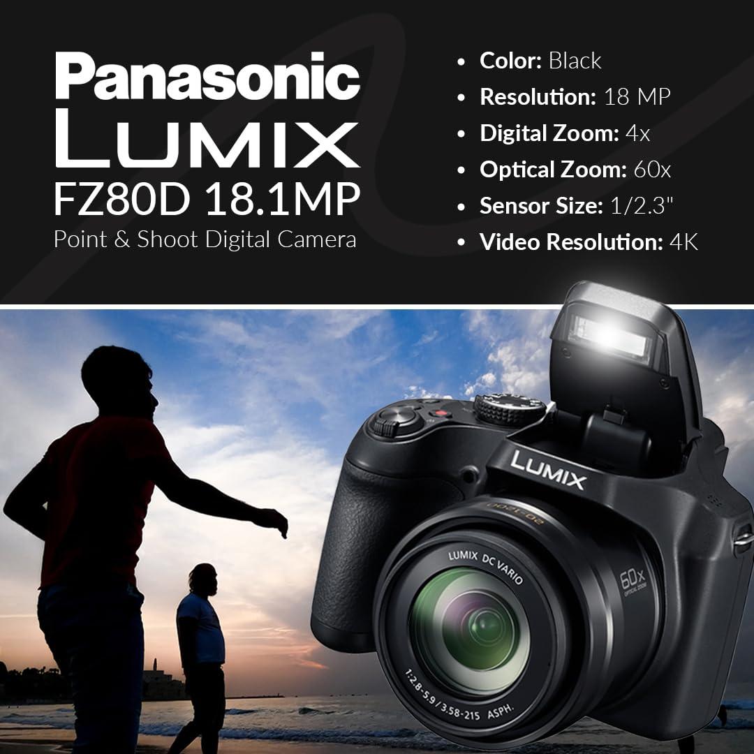 Panasonic Panasonic Lumix DC-FZ80 4K Digital Camera, 18.1 Megapixel, 60x Zoom 20-1200mm Lens Bundle with Bag, 32GB SD Card, Corel PC Photo Editing Software Kit