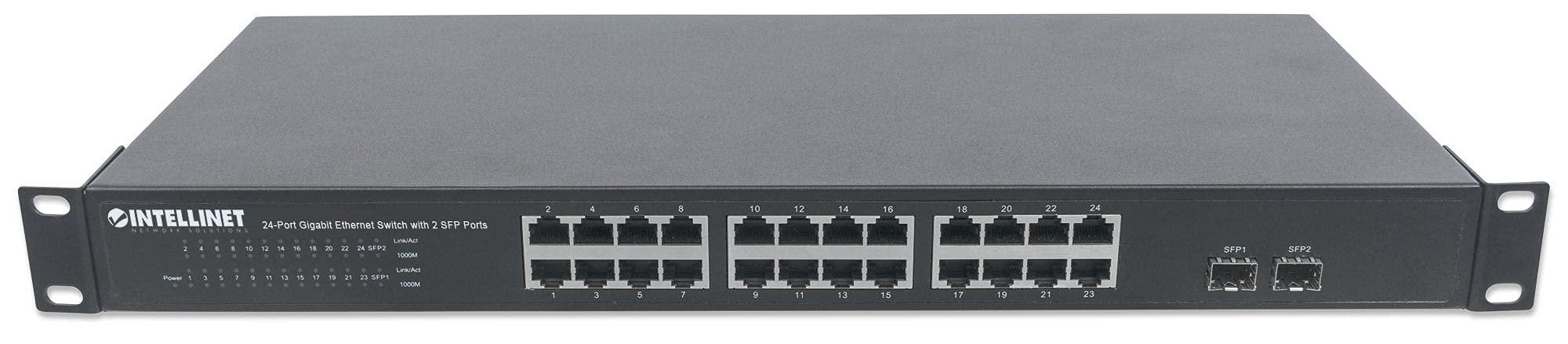 Intellinet Network Solutions Intellinet 24 Port Gigabit Ethernet Switch with 2 SFP Ports Unmanaged - Rackmount / Desktop, Fanless & Quiet, Sturdy Metal, 52 Gbps Switch Fabric 3 Yr Mfg Warranty - 561044