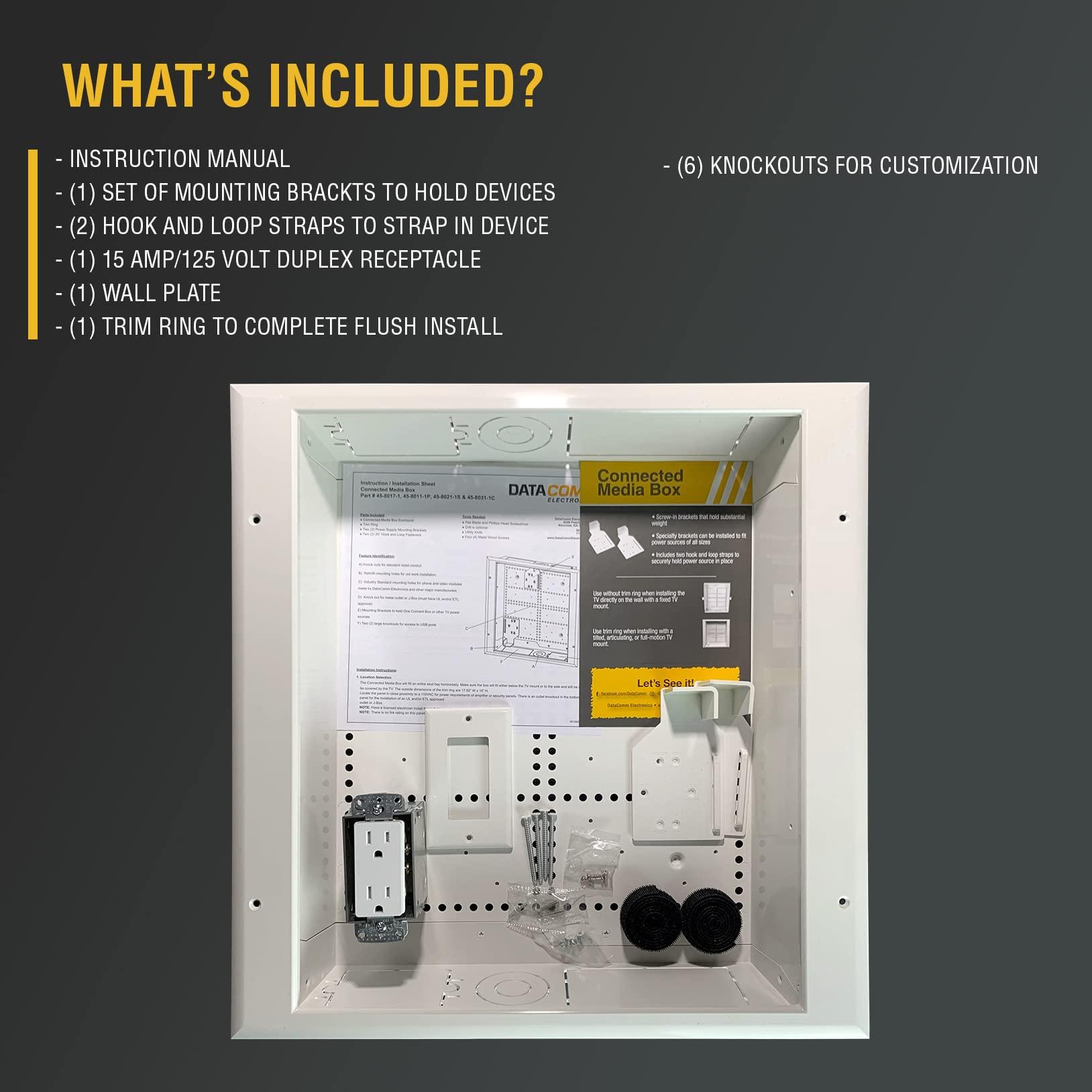 DATA COMM DataComm Electronics 45-8011-1P Multi-Functional Recessed Media Box with Integrated Duplex Power Receptacle For Seamless Home & Office Connectivity Solutions, In Wall Box, Hides TV Outlet & Cables