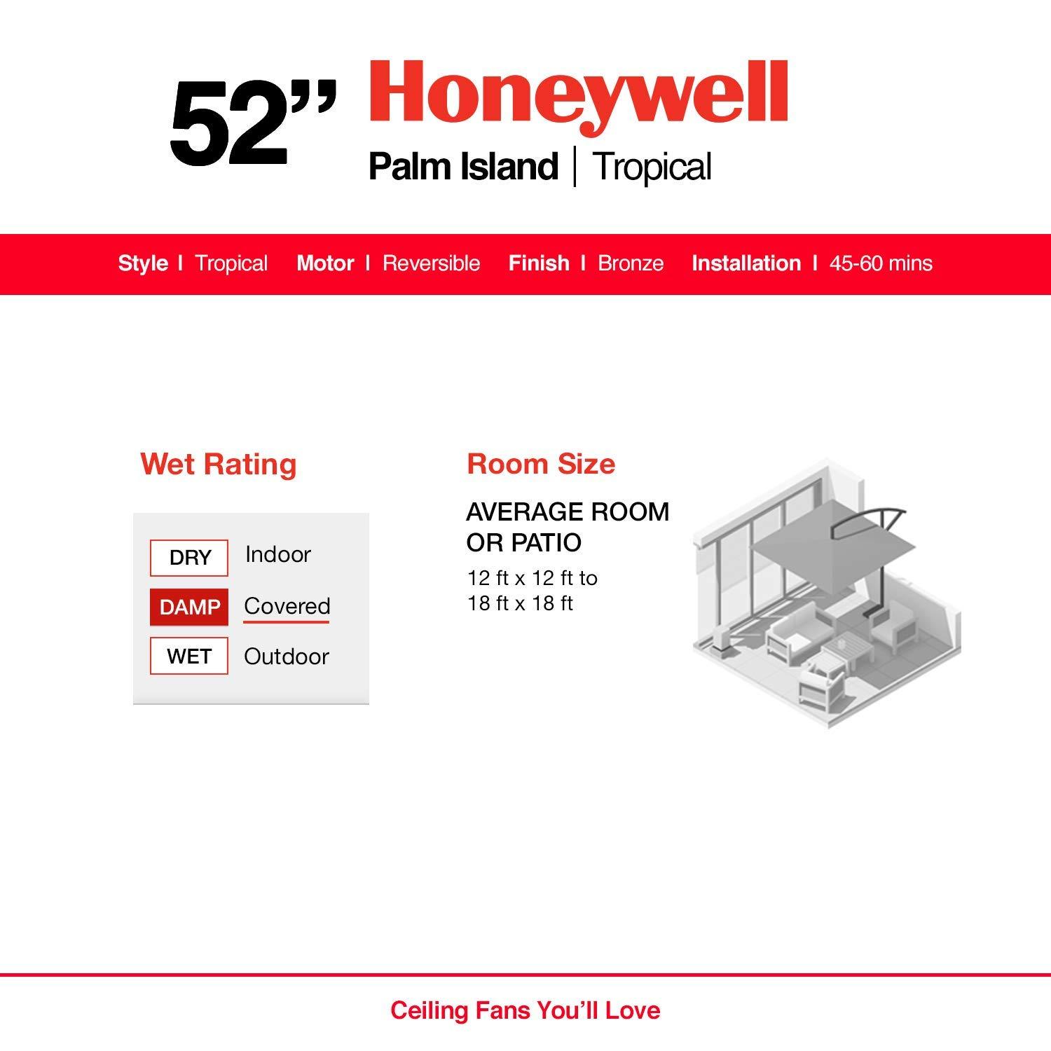 Honeywell Ceiling Fans Honeywell Ceiling Fans Palm Island, 52 Inch Tropical Indoor Outdoor Ceiling Fan with No Light, Pull Chain, Three Mounting Options, 5 Palm Leaf Blades, Wet-Rated - 50207-01 (Bronze)
