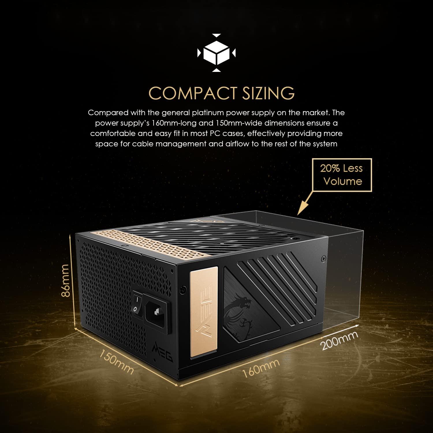 MSI MSI MEG Ai1300P PCIE 5.1 & ATX 3.1 Gaming Power Supply - Full Modular - 80 Plus Platinum Certified 1300W - 100% Japanese 105C Capacitors - Compact Size - ATX PSU - 10 Year Warranty