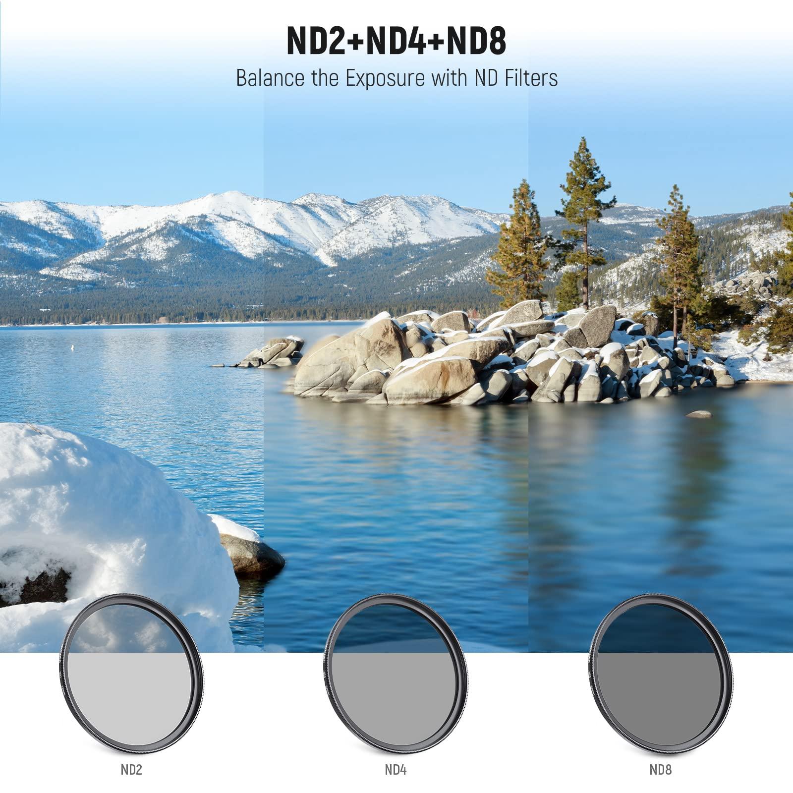 Neewer NEEWER 62mm ND Filter Kit and Lens Accessories, ND2 ND4 ND8 UV FLD CPL(Circular Polarizing) Filter Set with Lens Cap/Tulip Shaped Lens Hood
