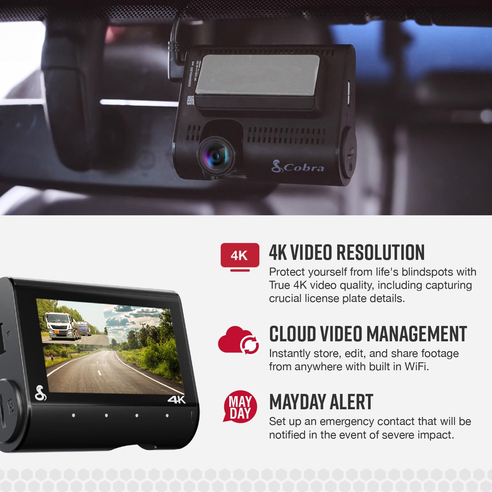Cobra Cobra Smart Dual View Front and Rear Dash Cam (SC 250R) True 4K Resolution, 360 Alerts, Parking Live View, Incident Reports, Emergency MayDay, 32 GB SD Card Included, CarPlay & Android Auto