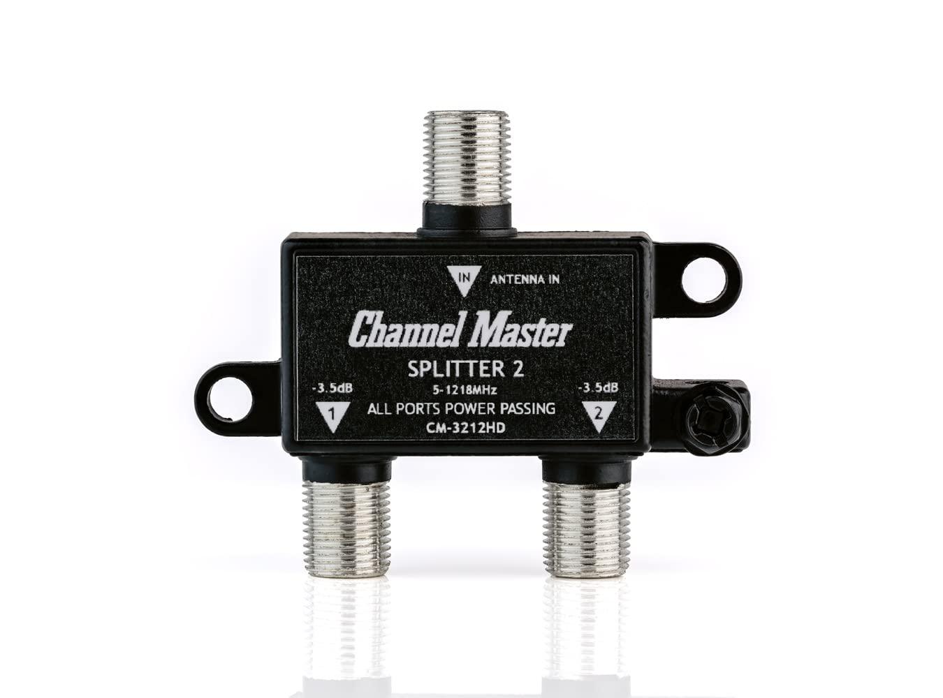 Channel Master Channel Master Splitter 2 | 2-Way Splitter Distributes Digital HDTV Antenna Signal to 2 TVs, One Input and Two Outputs, Power Passing for Preamplifiers and Boosters, Low-Loss Design, Indoor/Outdoor