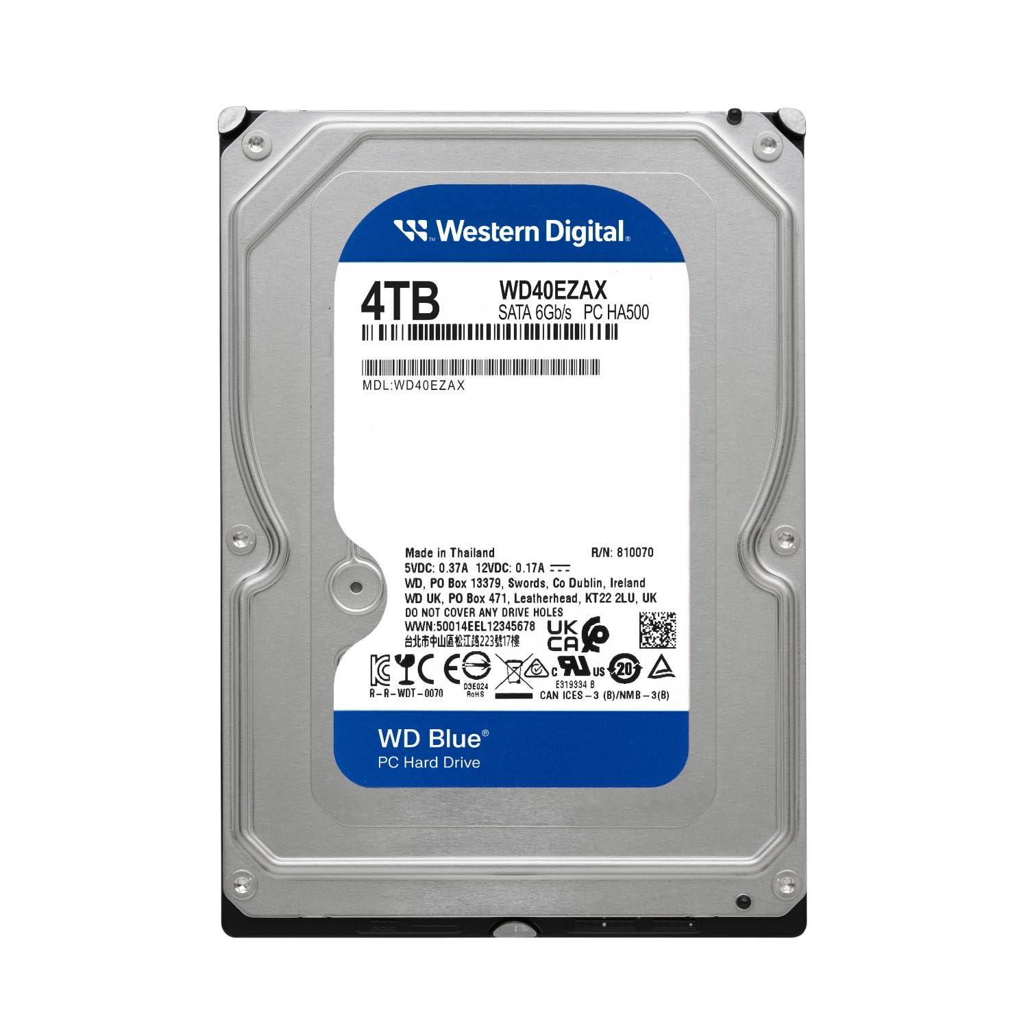 Western Digital Western Digital 4TB WD Blue PC Internal Hard Drive HDD - 5400 RPM, SATA 6 Gb/s, 256 MB Cache, 3.5" - WD40EZAX (Renewed)