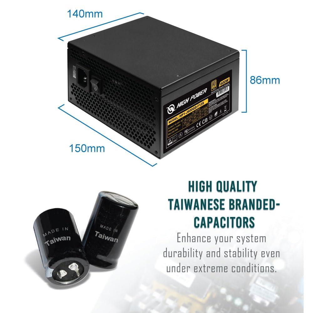 High Power HIGH POWER 600W Power Supply, 80 Plus Gold Certified PSU, Continuous Power with 120mm Whisper Quiet Fan, ATX 12V V2.3/EPS 12V Active PFC Reliable Performance, Energy-Efficient