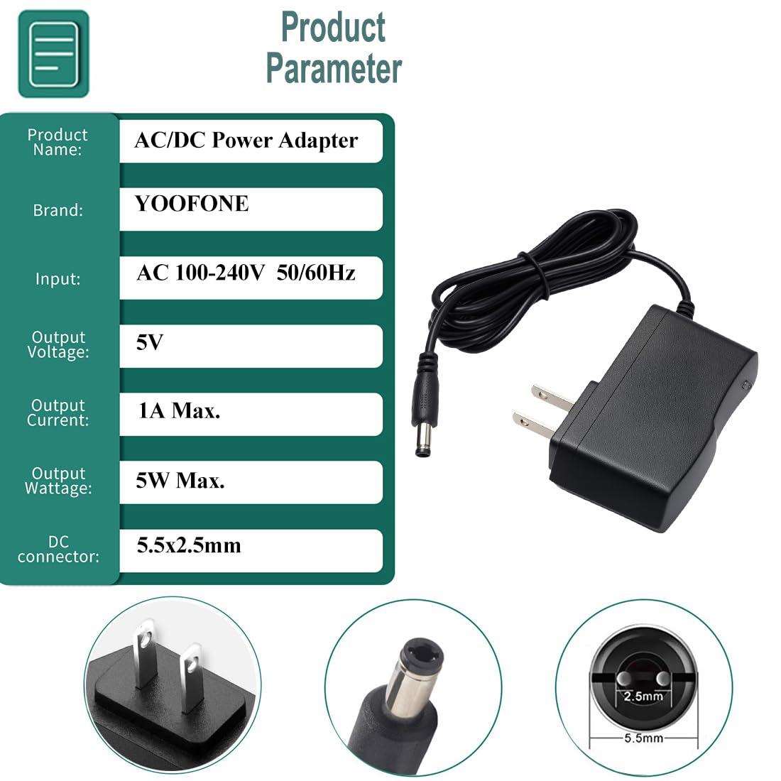 YOOFONE 5V 1A Power Supply 5W AC Adapter 100-240V 50-60Hz AC to DC 5 Volt 1 Amp Universal Wall Power Adapter Converter with 5.5x2.5mm Plug DC 5V Power Cord for for Routers Toys Recorder Speaker