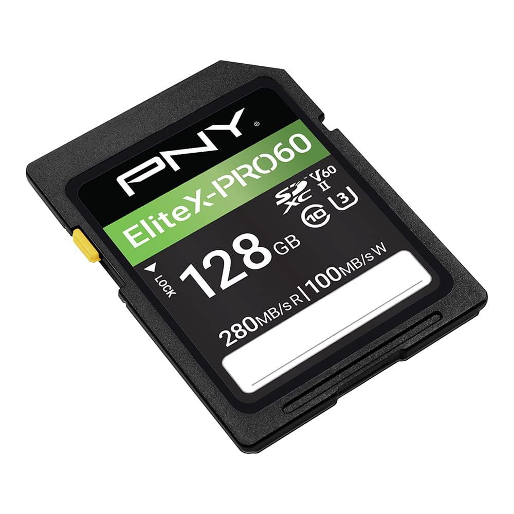 PNY PNY 128GB EliteX-PRO60 UHS-II SDXC Memory Card - R280MB/s W100MB/s, U3, V60, 4K UHD, Full HD, UHS-II for Professional Photographers & Content Creators, DSLR Mirrorless Cameras, Advanced Video Cameras