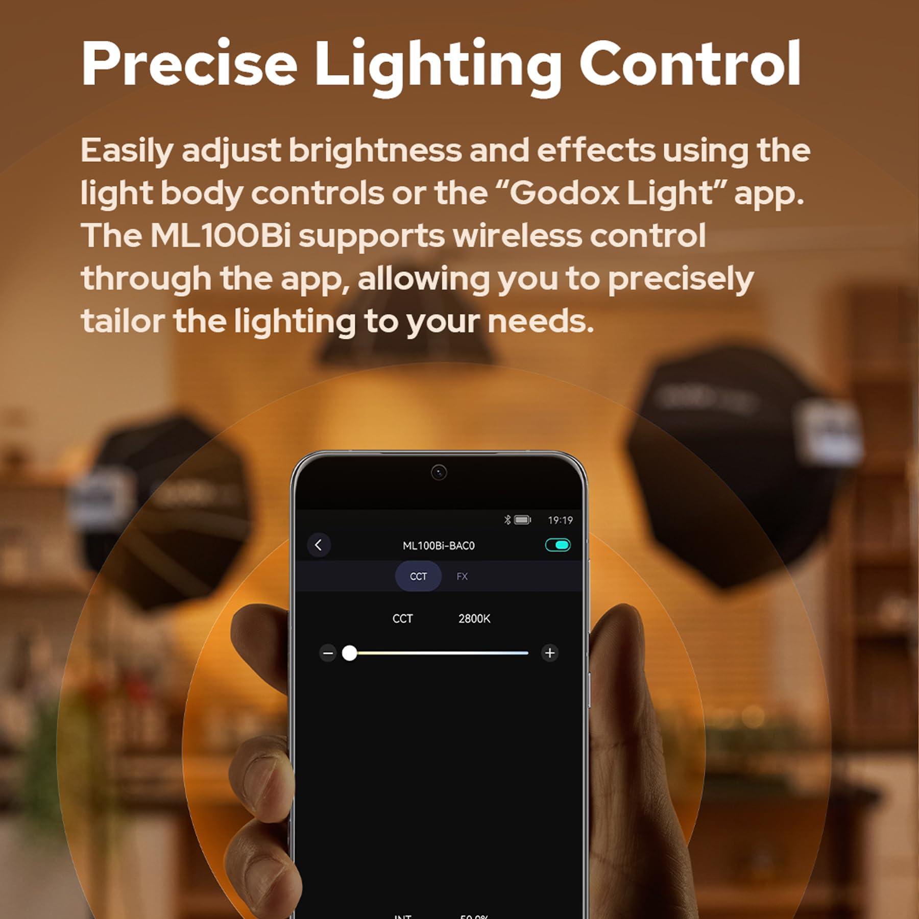 GODOX Godox ML100Bi 120W Portable LED Video Light, Bi-Color 2800-6500K, CRI97 TLCI98, 11 FX Light Effects, Bluetooth App Control for Live Streaming, Interview, Still Life Photography, etc