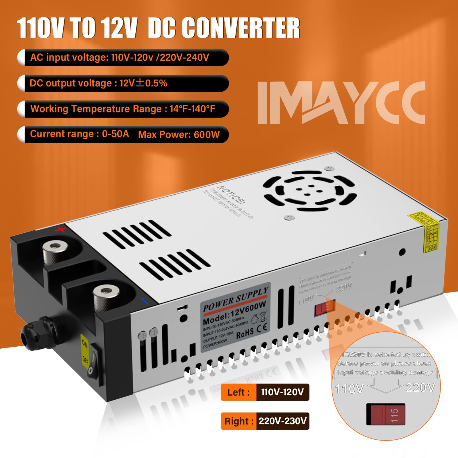 IMAYCC New Version 110V to 12V DC Converter, IMAYCC AC to DC Converter 600W 50A,120V to 12V Power Supply, Adjustable Power Supply