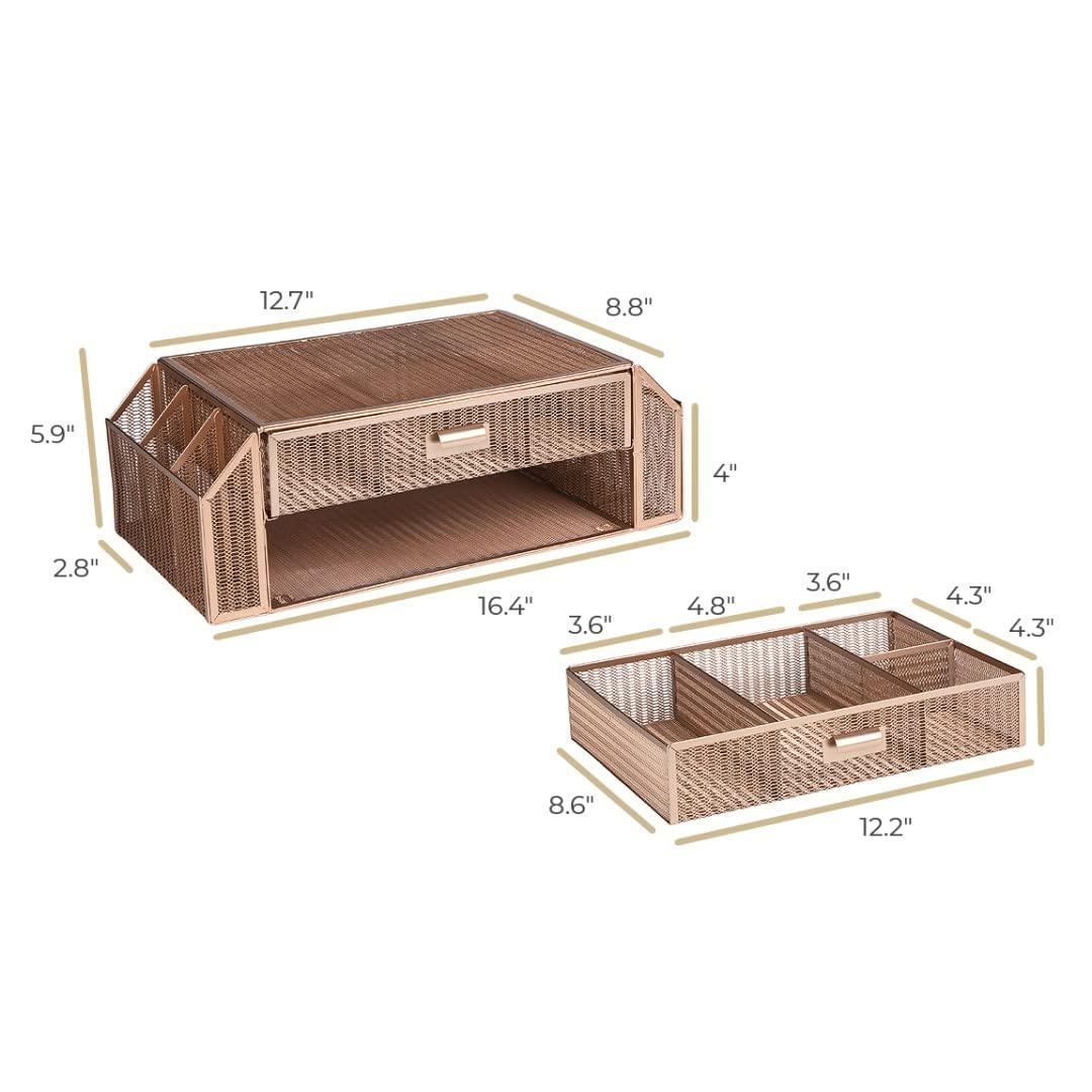 BLU MONACO Blu Monaco Rose Gold Monitor Stand with Drawer Computer Monitor Riser with Storage Laptop Stand for Desk with Storage - Laptop organizer - Desk Organizer with Drawers