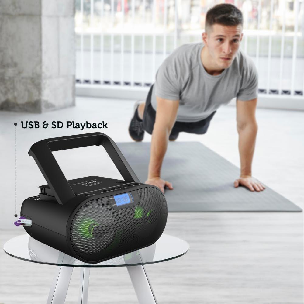 Riptunes Riptunes Portable CD Player Boombox AM FM Radio, Bluetooth, USB, Aux-Input, MP3 CD Stereo Sound with Bass Boost, Party Lights, Headphone Jack, Backlit LCD Display, with Remote, Black