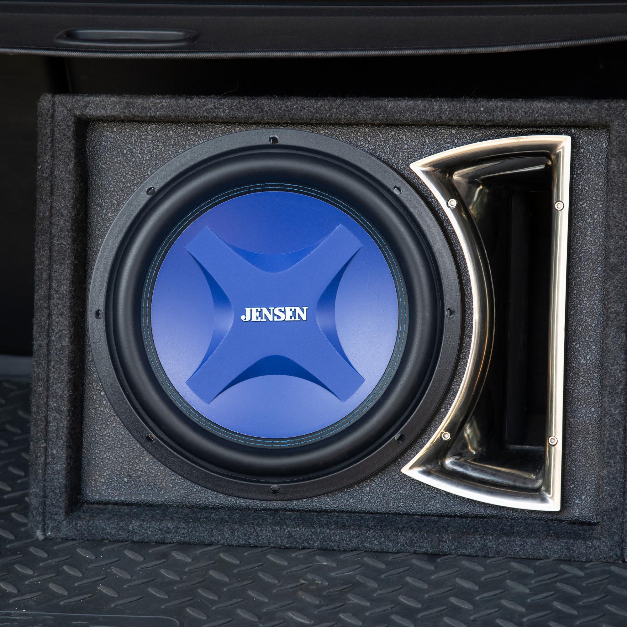 Jensen Jensen J4W12 12-Inch Subwoofer | 1200 Watts Peak Power | Blue Woofer Cone with Double Stitched Rubber Surround